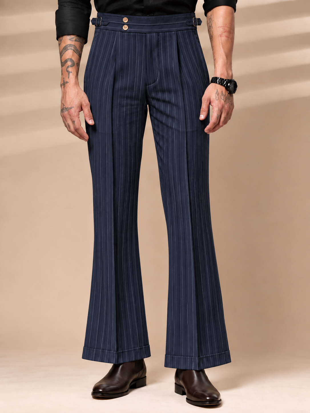 Navy Striped Buttoned Gurkha Pants | Italian Vega® Limited Edition