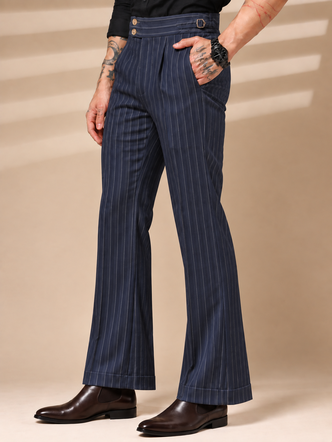 Navy Striped Buttoned Gurkha Pants | Italian Vega® Limited Edition