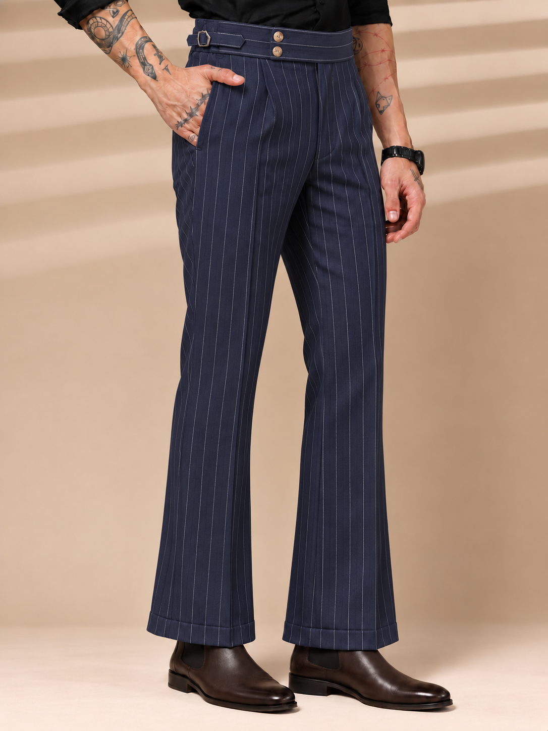 Navy Striped Buttoned Gurkha Pants | Italian Vega® Limited Edition