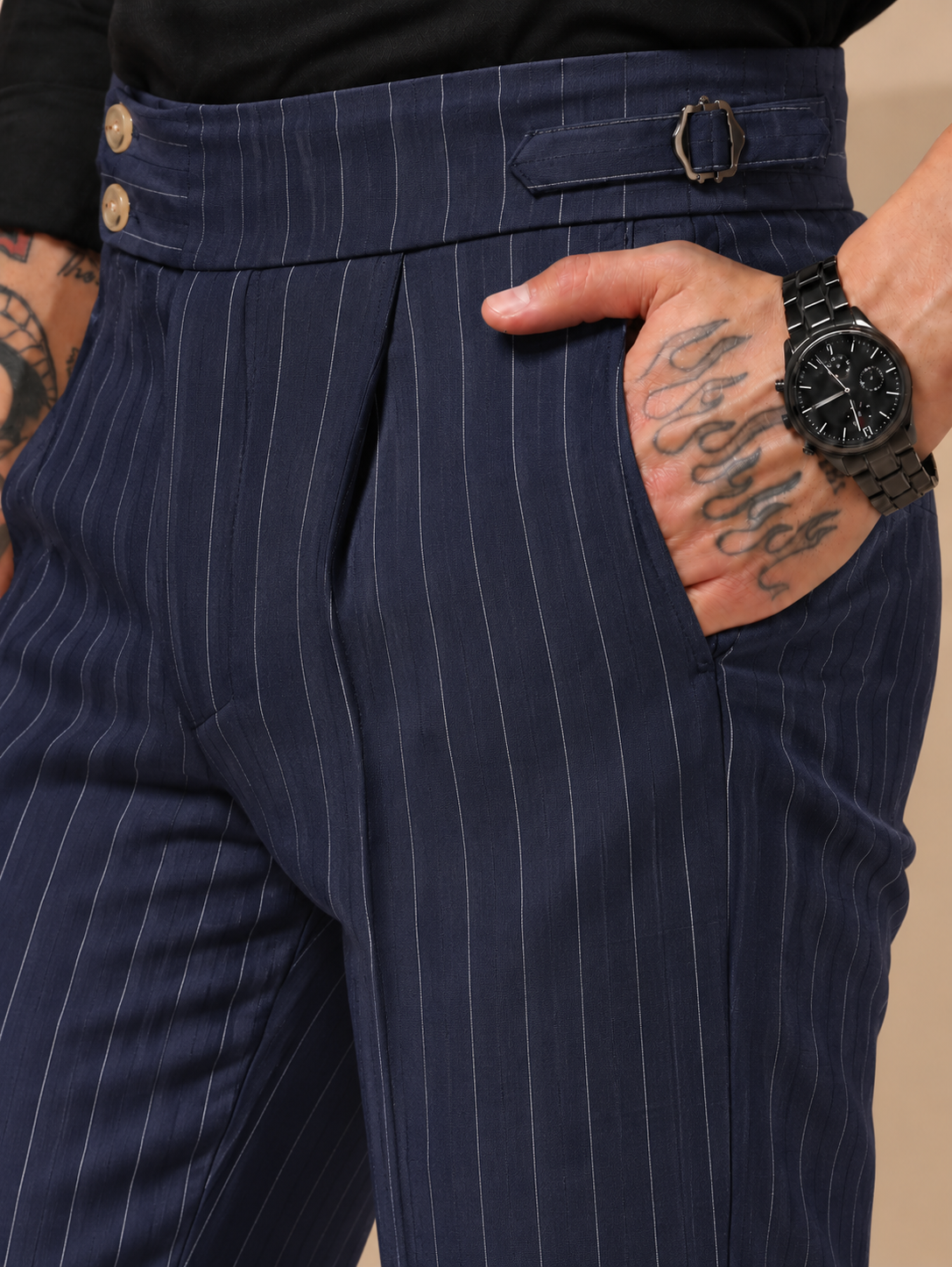 Navy Striped Buttoned Gurkha Pants | Italian Vega® Limited Edition