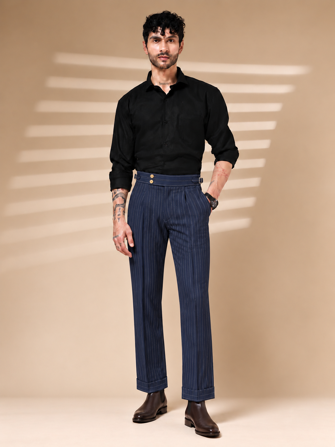 Navy Striped Buttoned Gurkha Pants | Italian Vega® Limited Edition