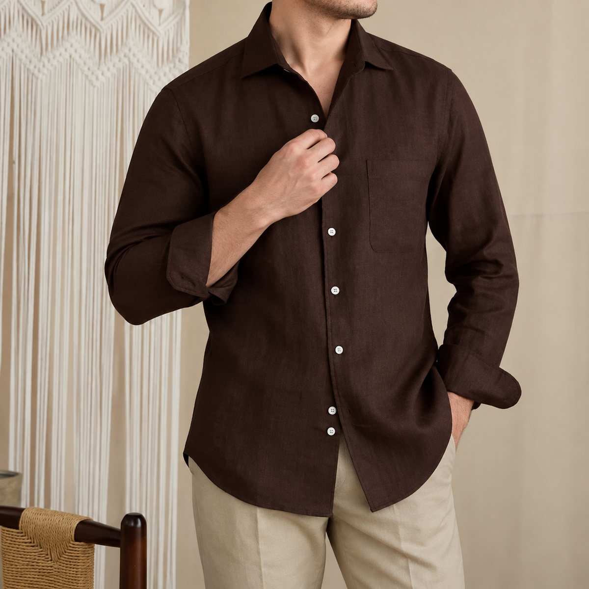 Italian Vega European Linen - One Piece Collar Single Pocket Solid Linen Shirt - 001