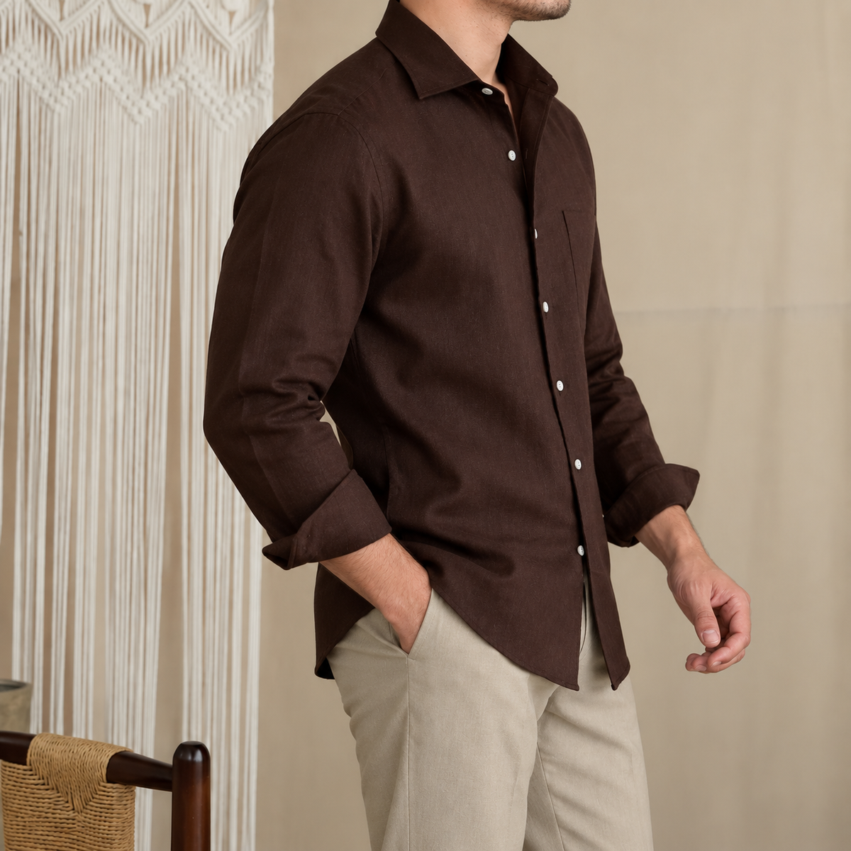 Italian Vega European Linen - One Piece Collar Single Pocket Solid Linen Shirt - 001