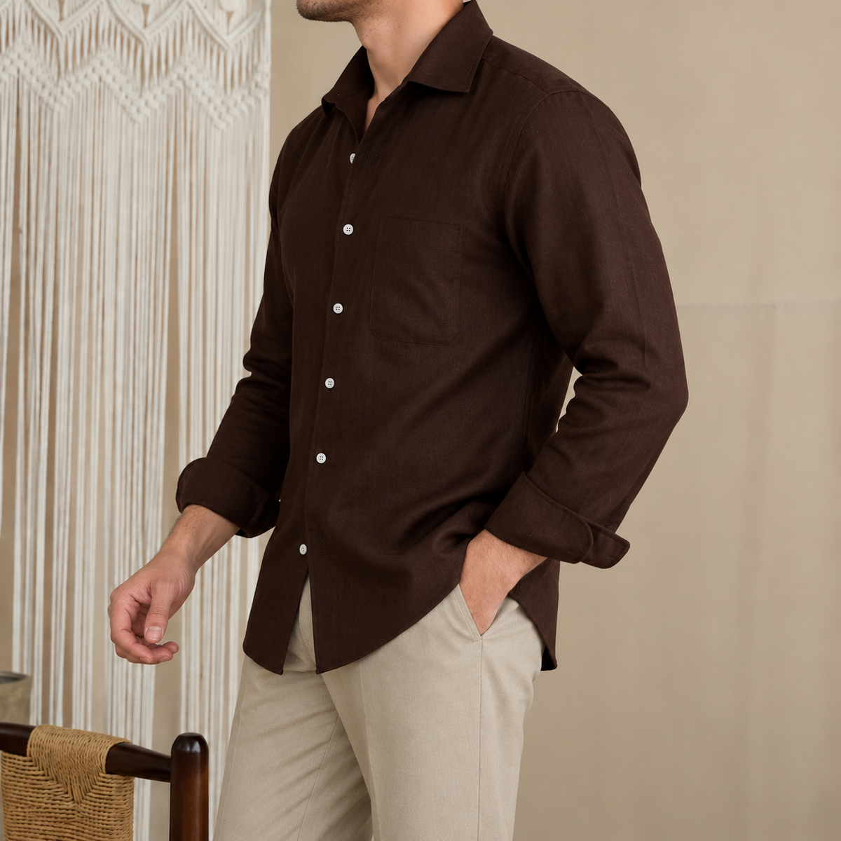 Italian Vega European Linen - One Piece Collar Single Pocket Solid Linen Shirt - 001