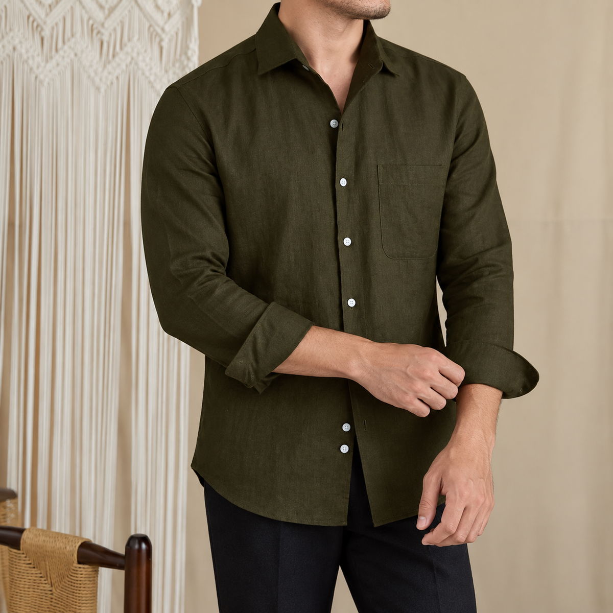Italian Vega European Linen - One Piece Collar Single Pocket Solid Linen Shirt - 001
