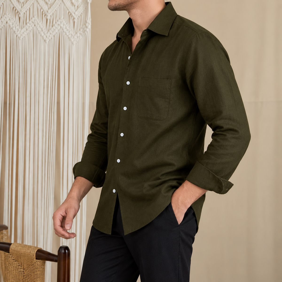 Italian Vega European Linen - One Piece Collar Single Pocket Solid Linen Shirt - 001