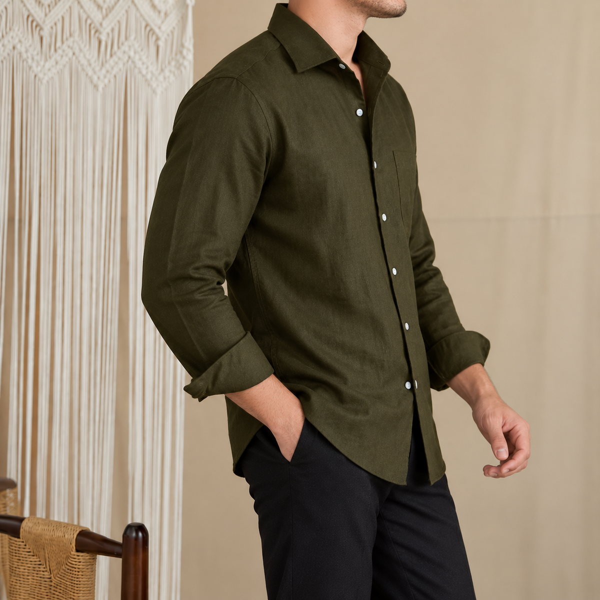 Italian Vega European Linen - One Piece Collar Single Pocket Solid Linen Shirt - 001