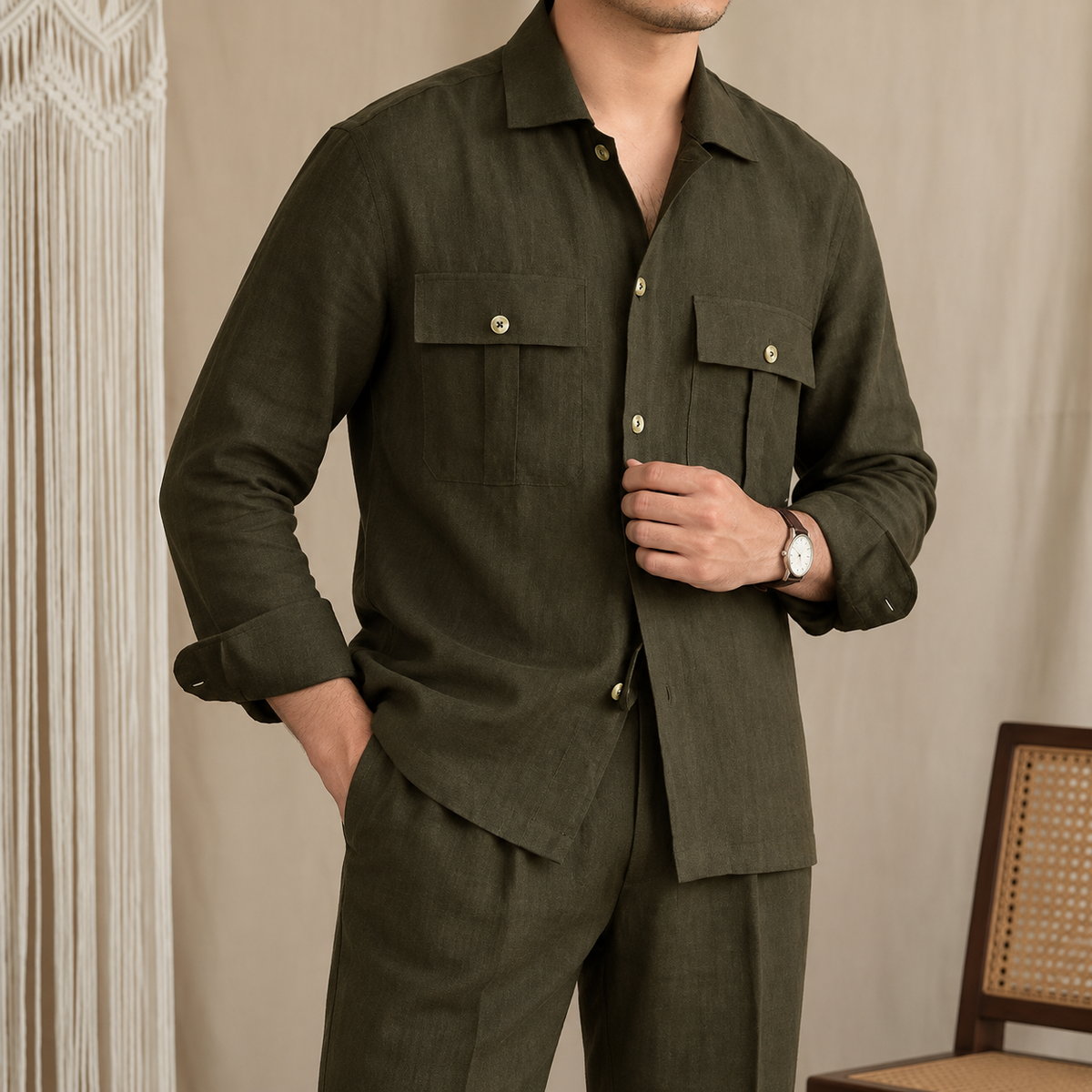 Dual Pocket European Linen Hunting Shirt by Italian Vega - 005