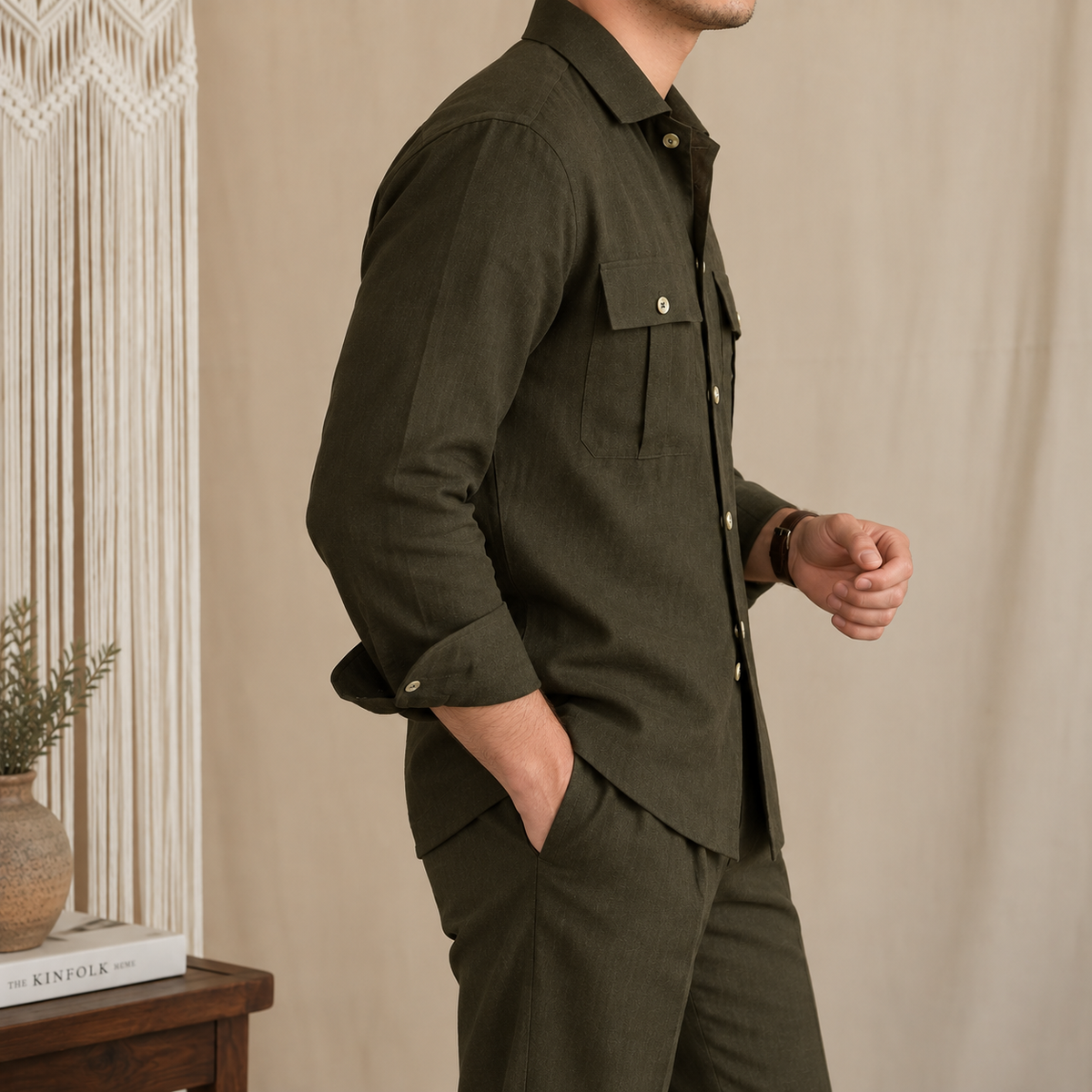 Dual Pocket European Linen Hunting Shirt by Italian Vega - 005