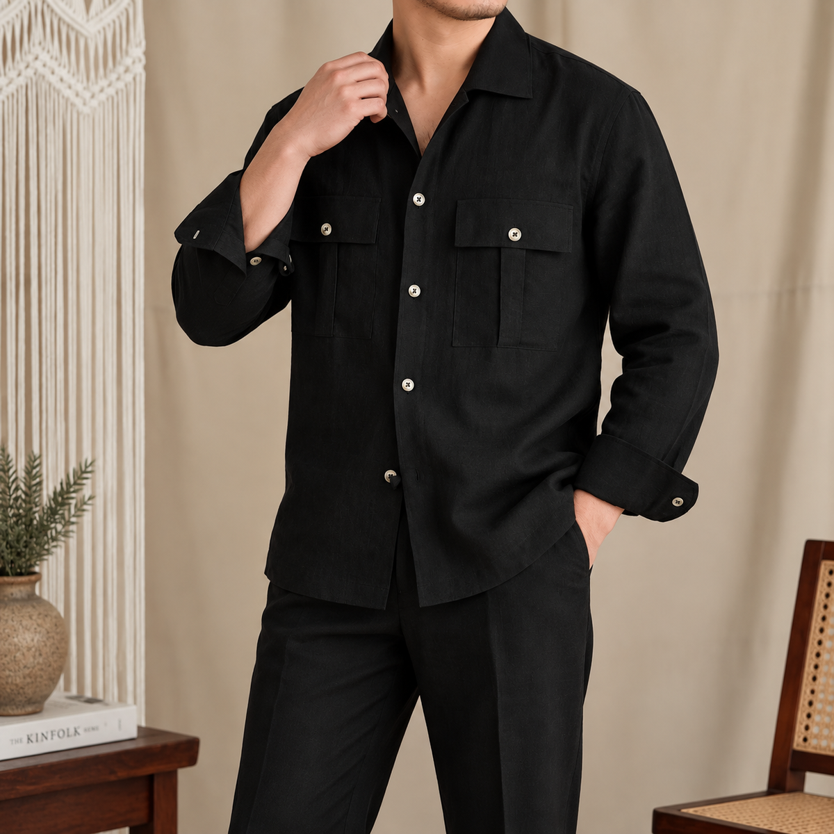 Dual Pocket European Linen Hunting Shirt by Italian Vega - 005
