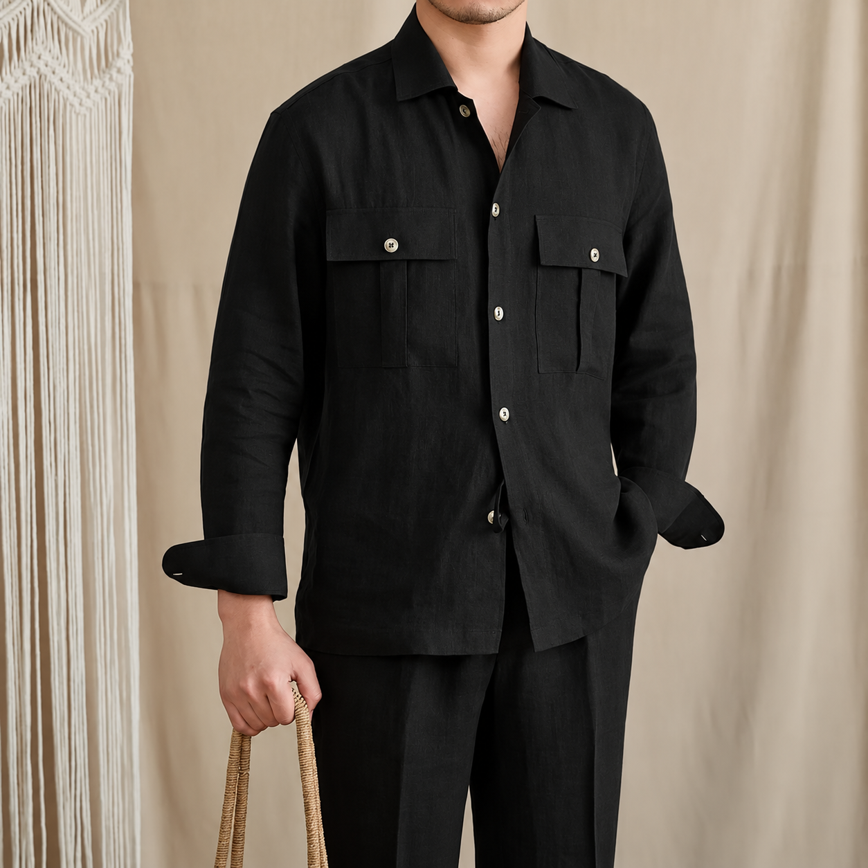Dual Pocket European Linen Hunting Shirt by Italian Vega - 005