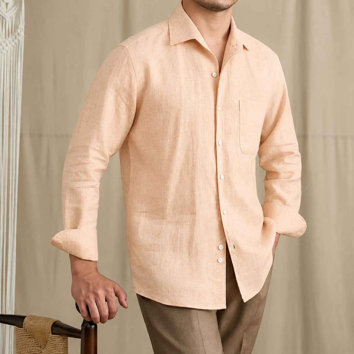 Italian Vega European Linen - Solid One Piece Collar European Linen Shirt - 010