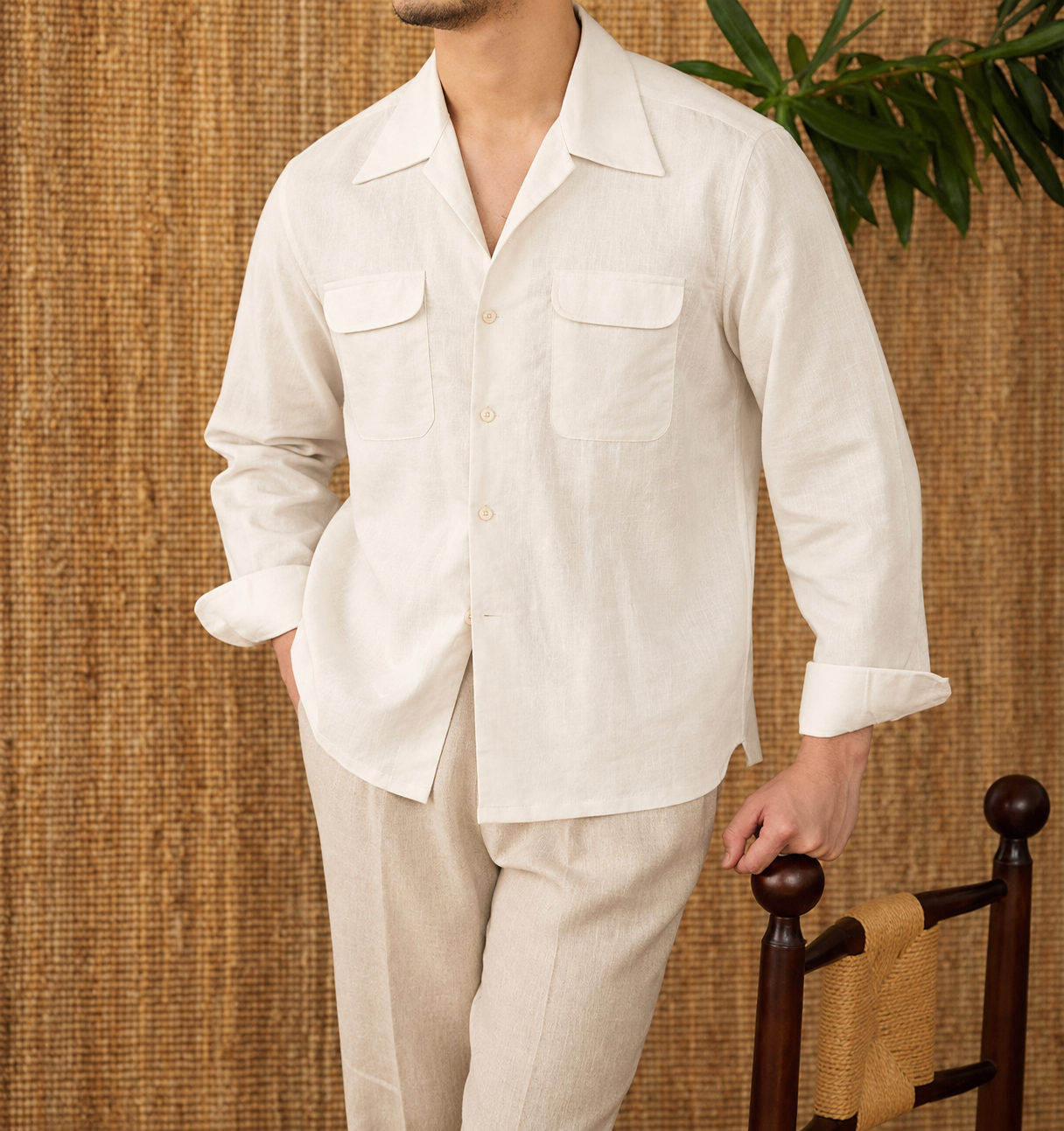 Italian Vega Open Spread Collar 100% European Linen Safari Shirt - 019