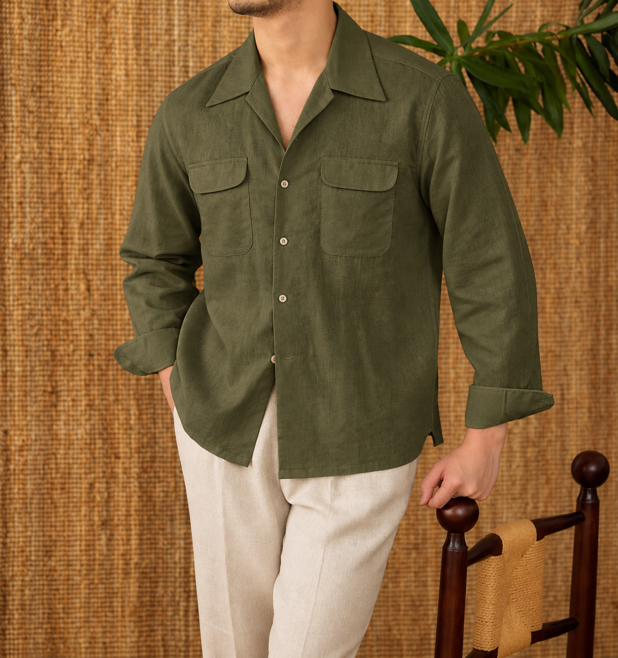 Italian Vega Open Spread Collar 100% European Linen Safari Shirt - 019