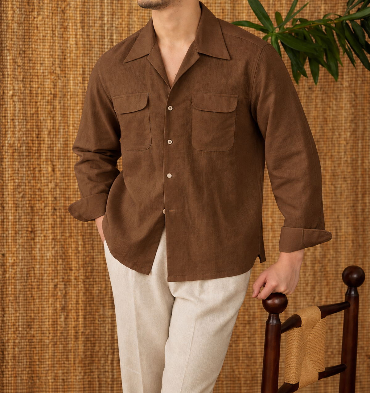 Italian Vega Open Spread Collar 100% European Linen Safari Shirt - 019