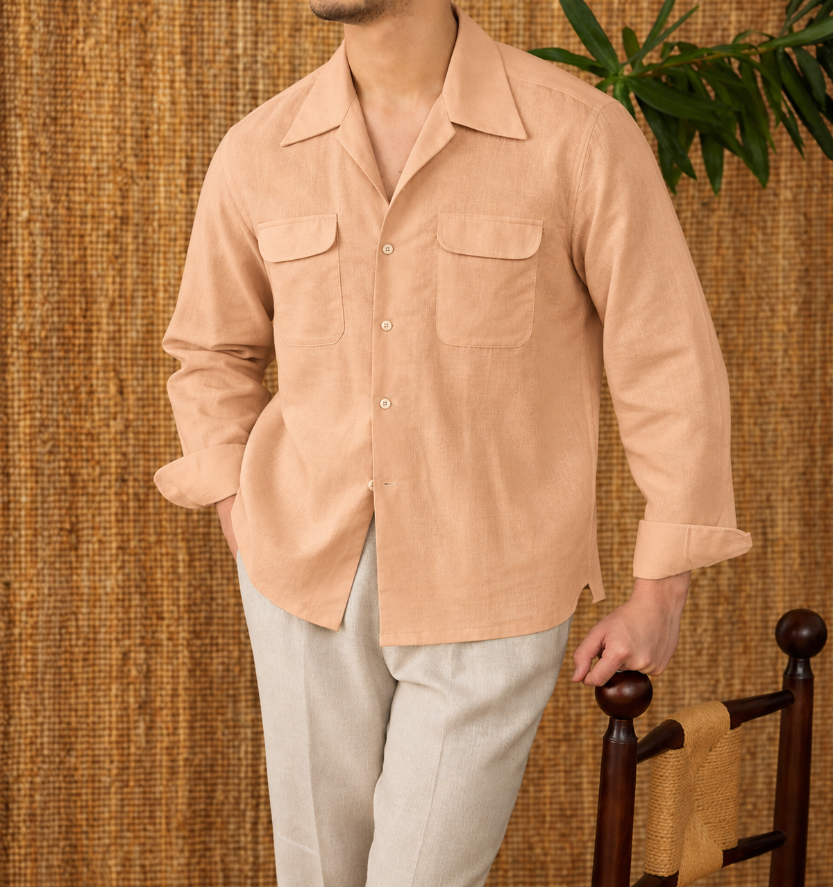 Italian Vega Open Spread Collar 100% European Linen Safari Shirt - 019