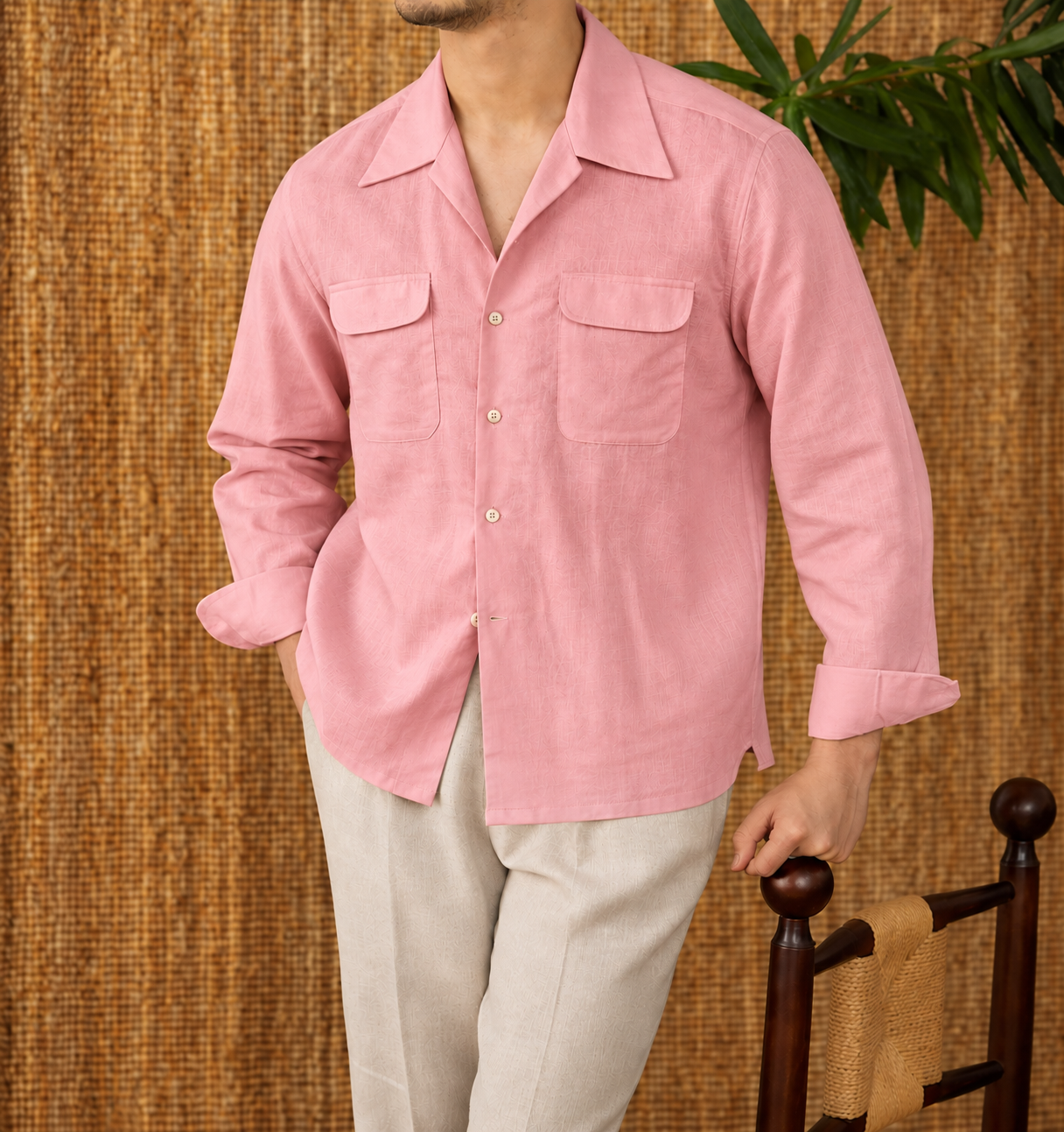 Italian Vega Open Spread Collar 100% European Linen Safari Shirt - 019