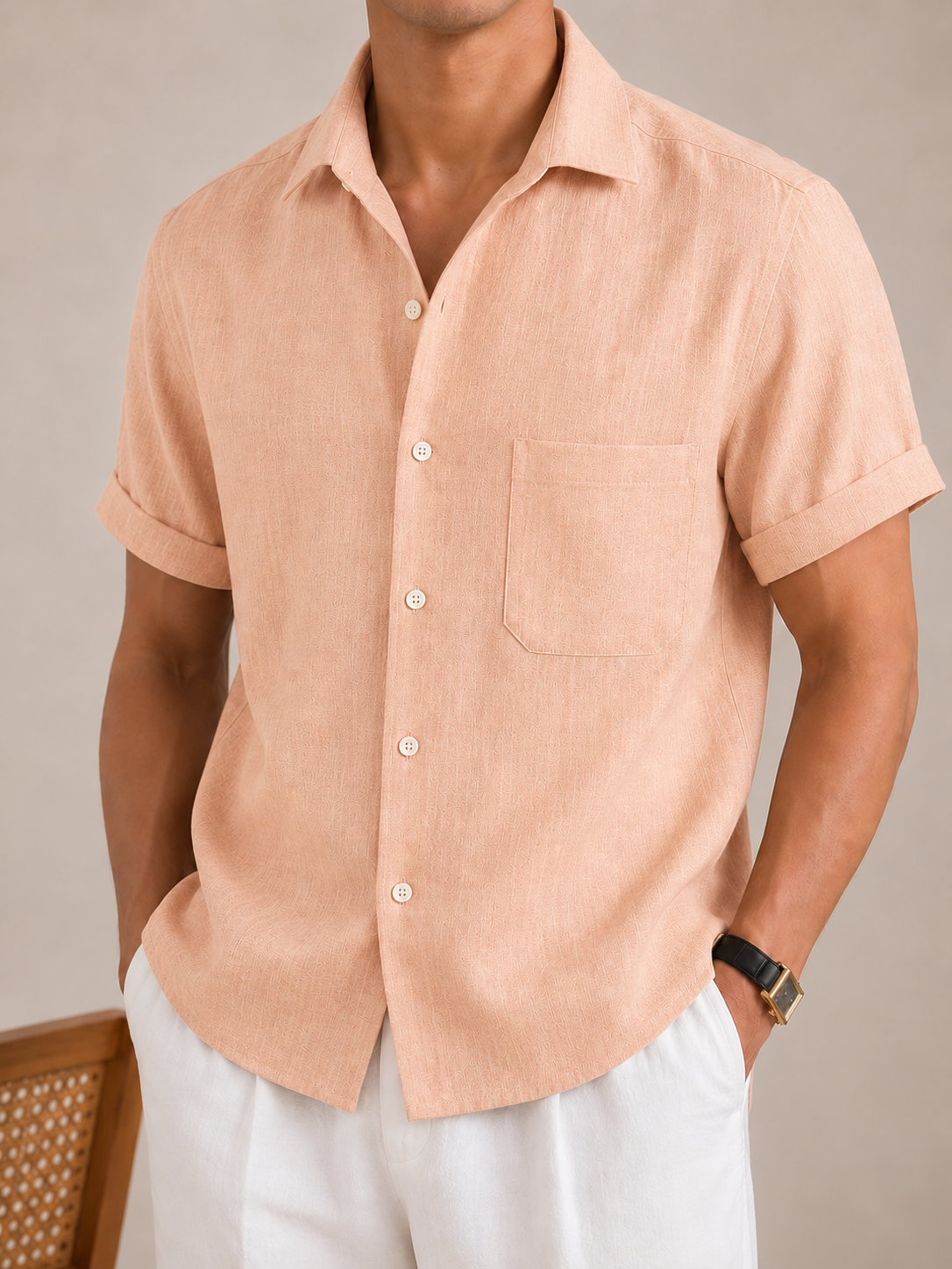 Italian Vega European Linen - Cut Away Collar Half Sleeve Linen Shirt - 003