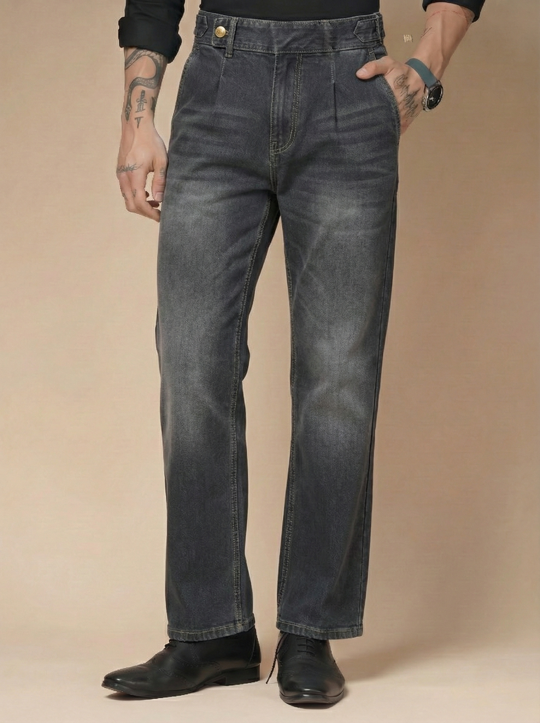 Anthracite Denim Oxford Gurkha Trouser Pants | Boot Cut Fit by Italian Vega®