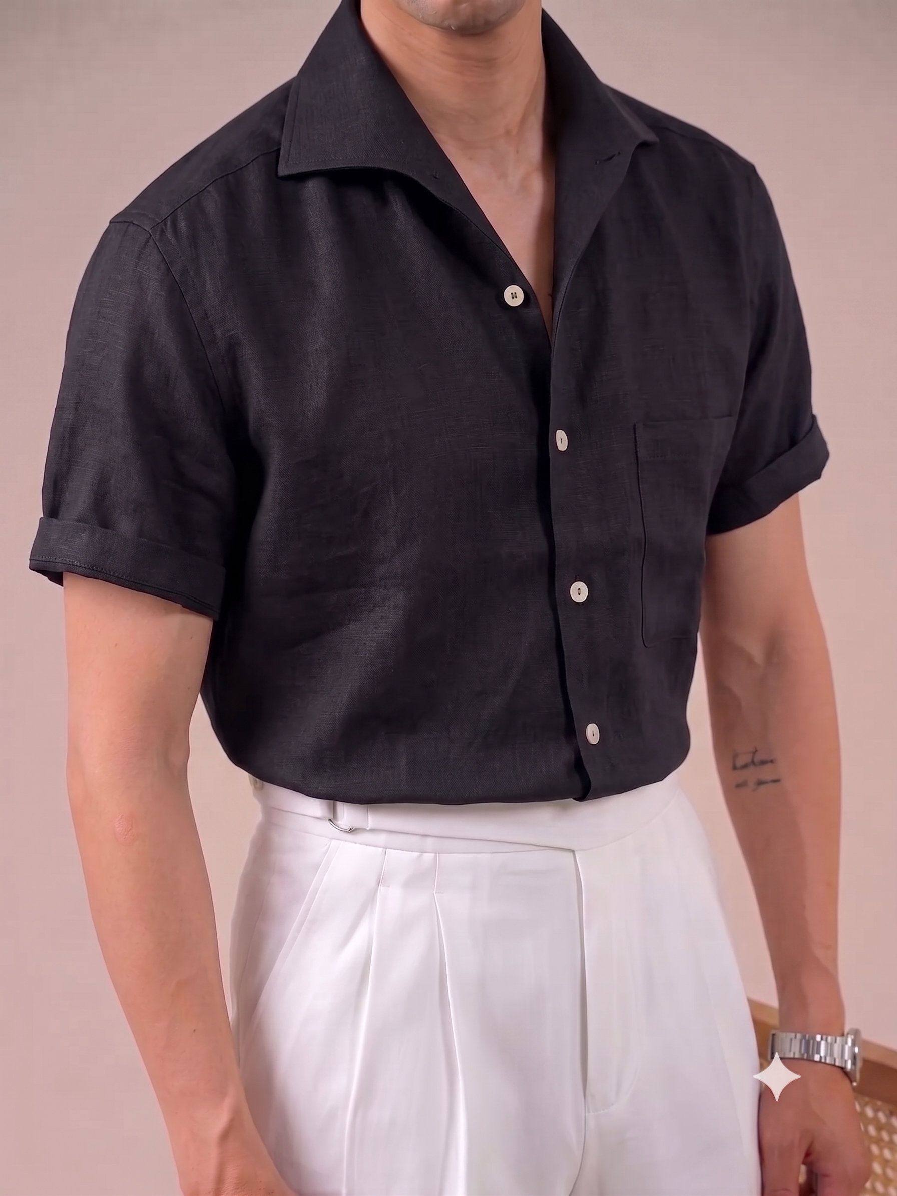 Italian Vega Crumpled Linen - Cut Away Collar Half Sleeve Linen Shirt - 007