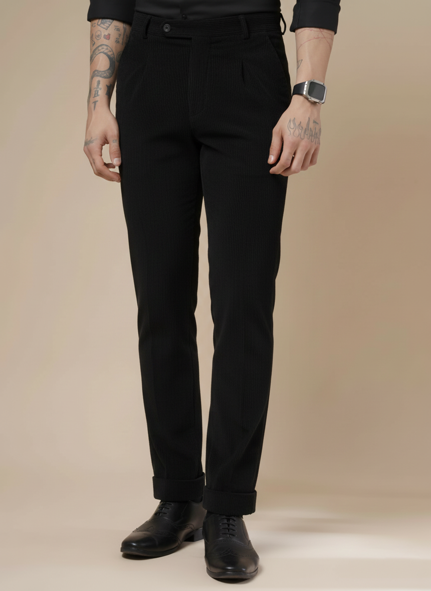 Black Corduroy Men Pleated Formal Pants | Boot Cut Fit by ITALIAN VEGA®