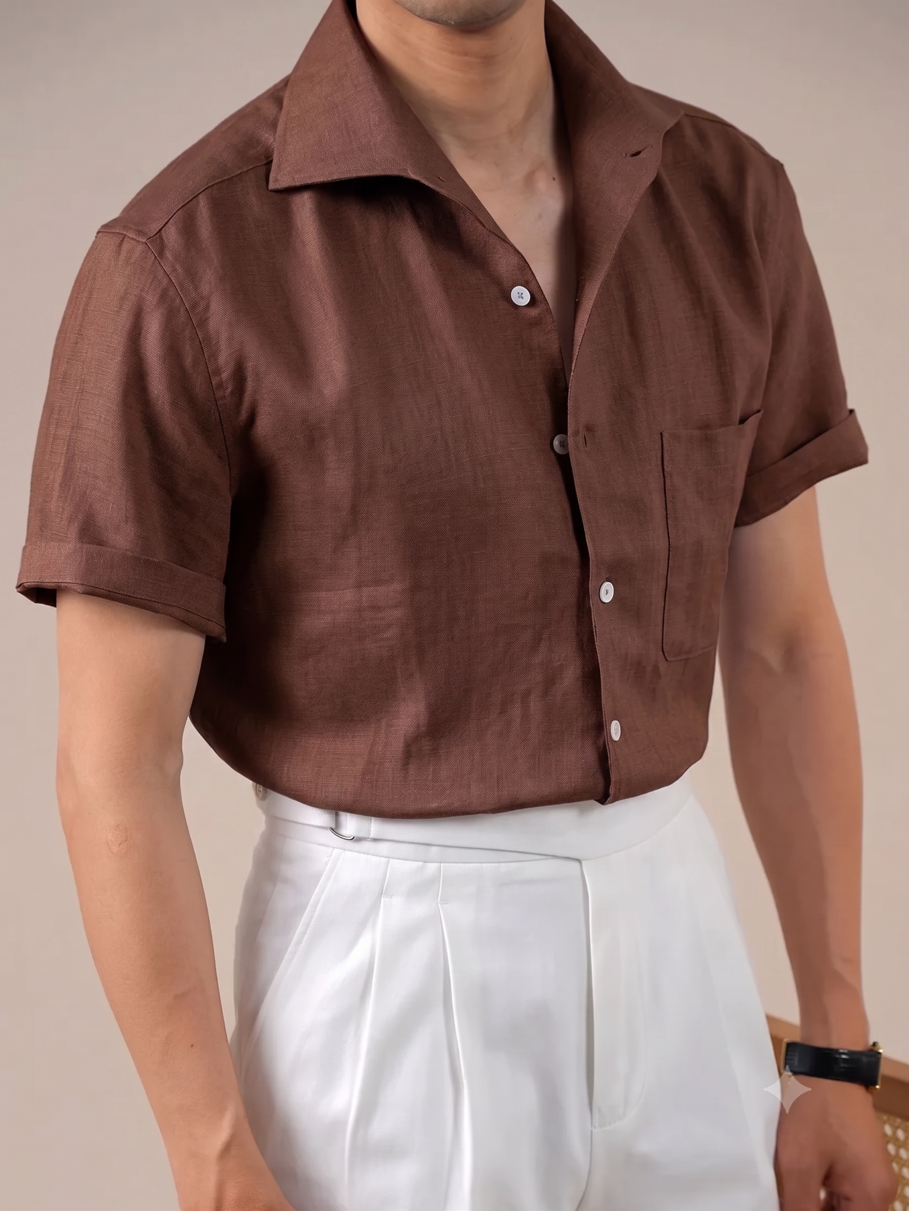 Italian Vega Crumpled Linen - Cut Away Collar Half Sleeve Linen Shirt - 007
