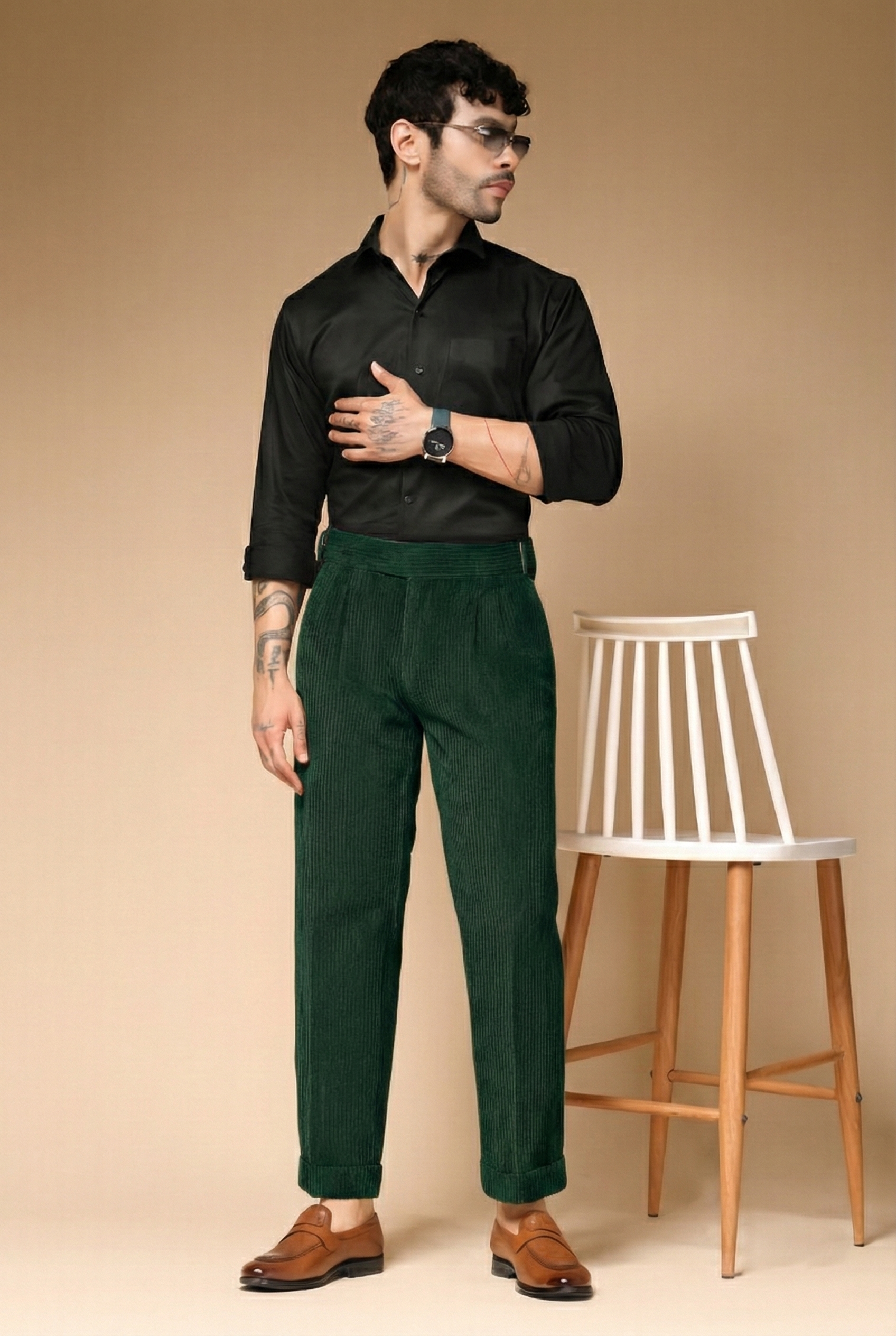 Bottle Green Corduroy Classic Button Gurkha Pants | Boot Cut Fit by ITALIAN VEGA®