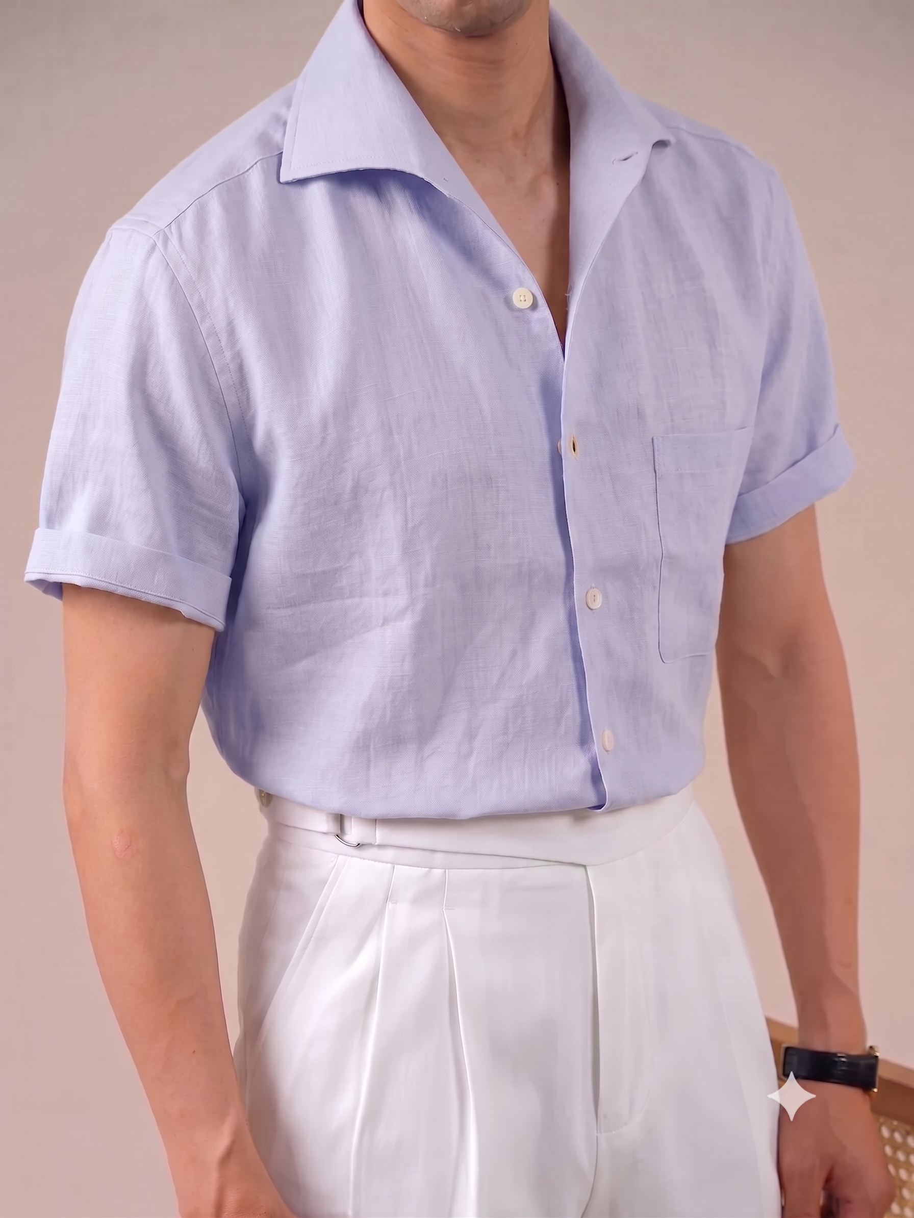 Italian Vega Crumpled Linen - Cut Away Collar Half Sleeve Linen Shirt - 007