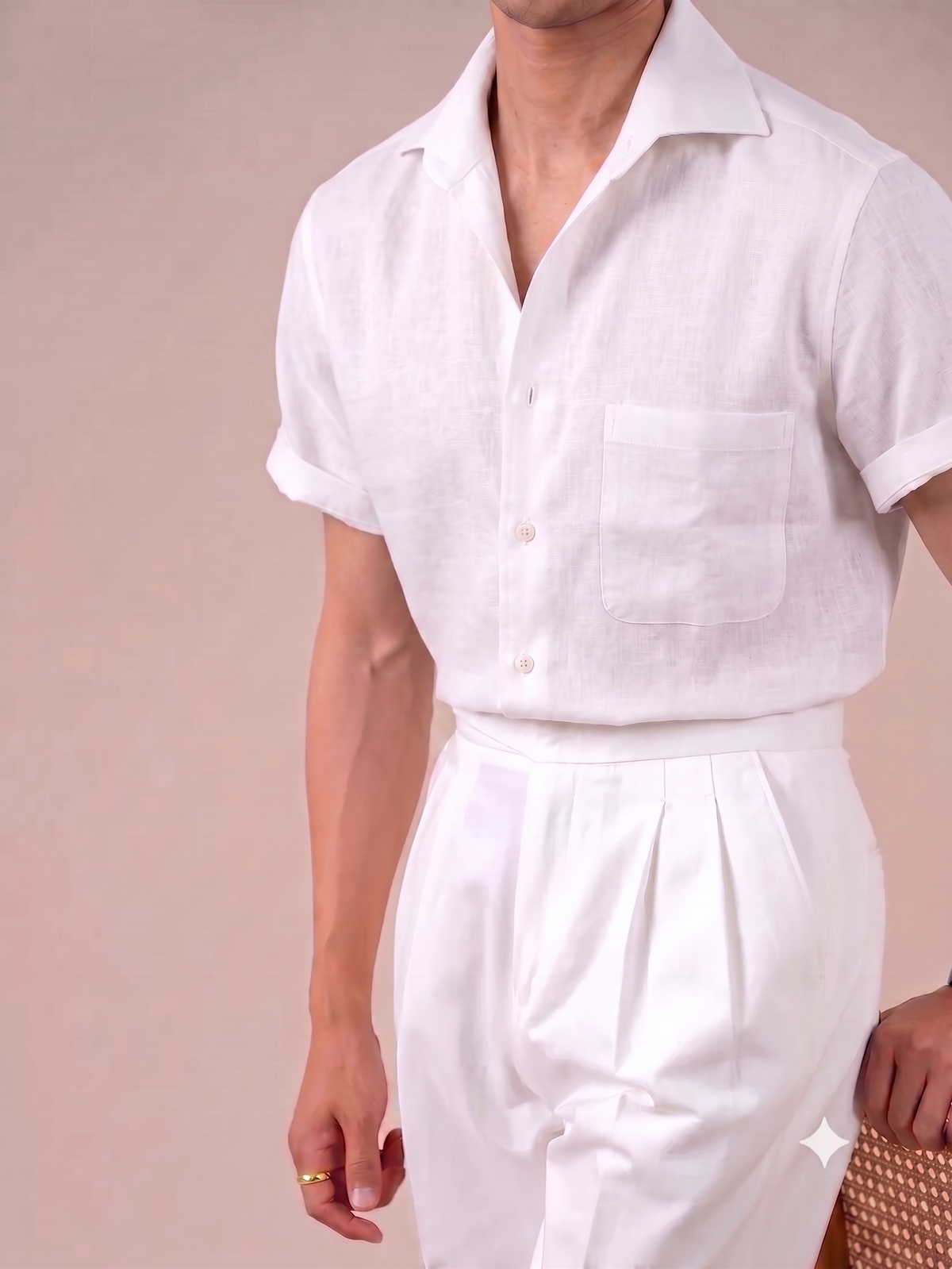 Italian Vega Crumpled Linen - Cut Away Collar Half Sleeve Linen Shirt - 007