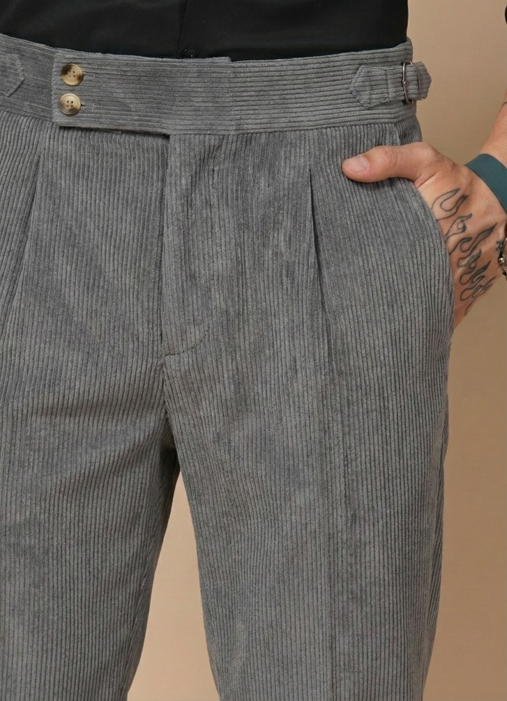 Dark Grey Corduroy Signature Buttoned Gurkha Pants | Boot Cut Fit by ITALIAN VEGA®