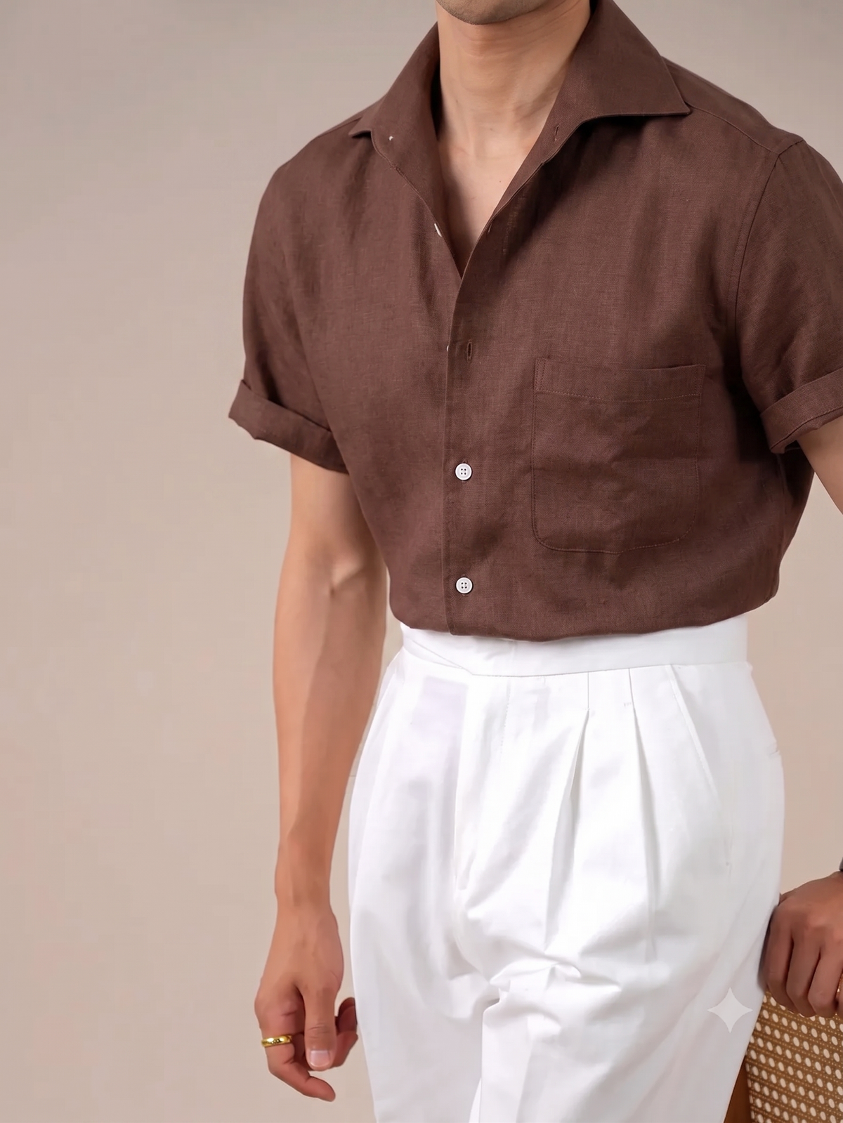 Italian Vega Crumpled Linen - Cut Away Collar Half Sleeve Linen Shirt - 007