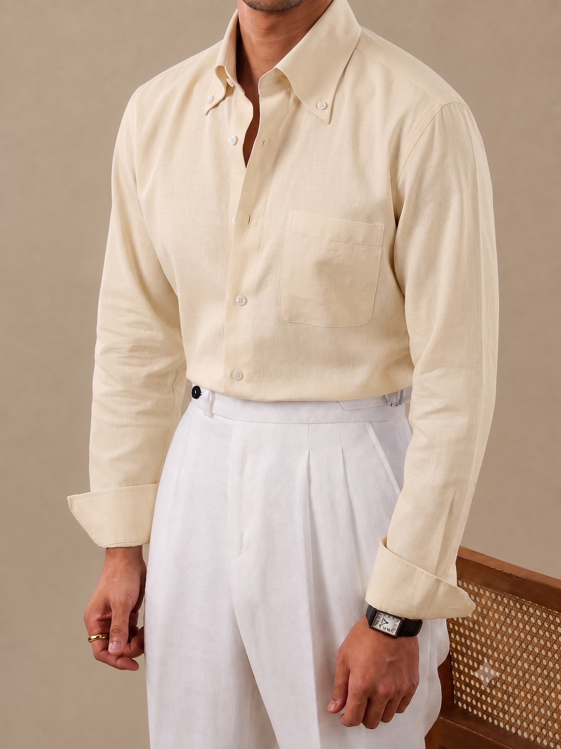 Crumpled Linen Linen Button Down Shirt by Italian Vega - 006