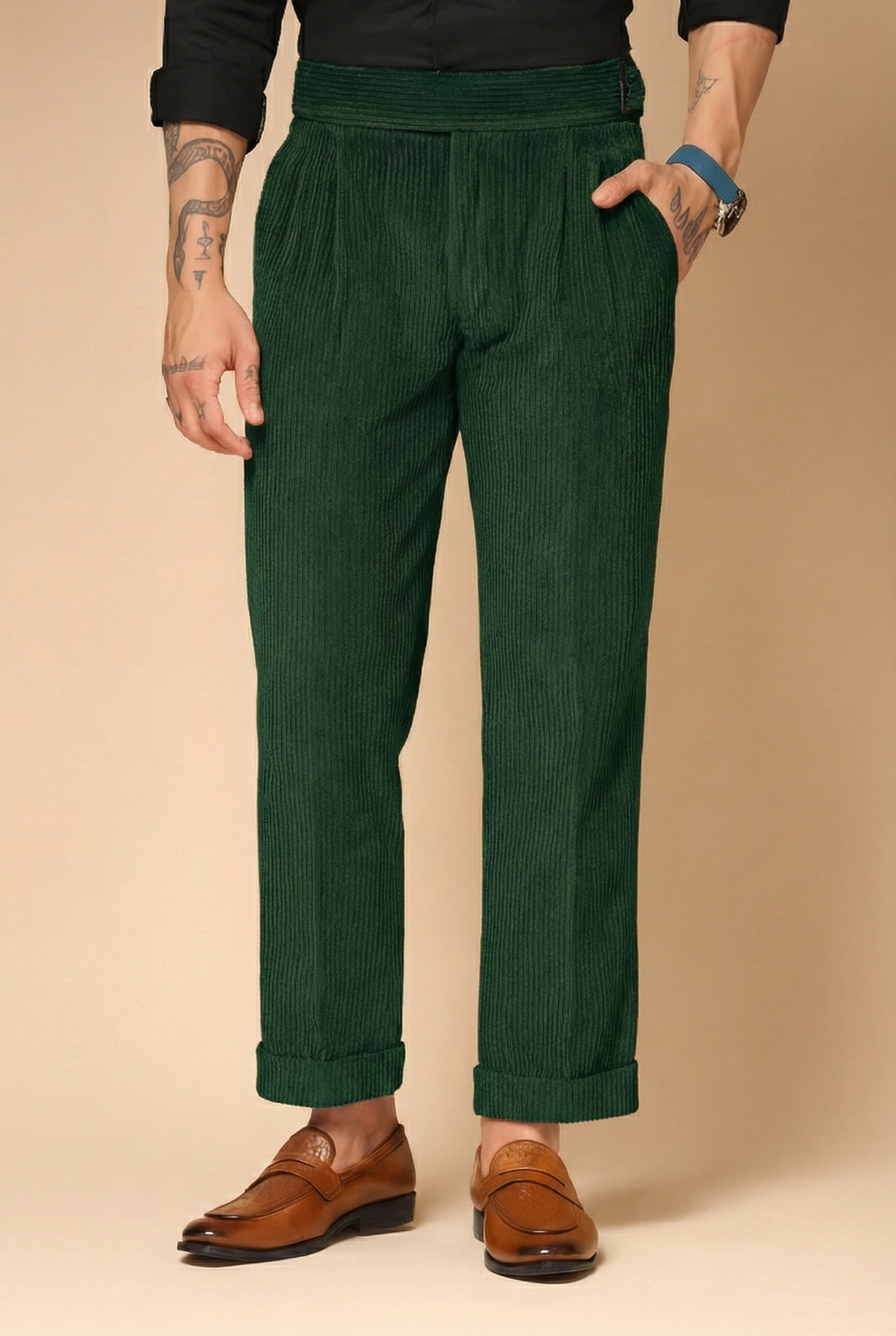 Bottle Green Corduroy Classic Buckle Gurkha Pants | Boot Cut Fit by ITALIAN VEGA®