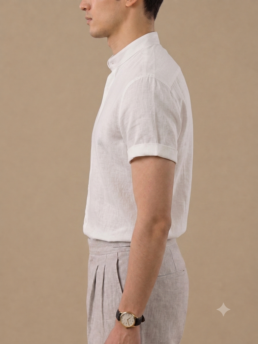 Italian Vega Crumpled Linen- Mandarin Collar Half Sleeves Linen Shirt - 002