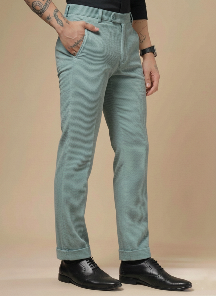 Sage Green Corduroy Men Pleated Formal Pants | Boot Cut Fit by ITALIAN VEGA®
