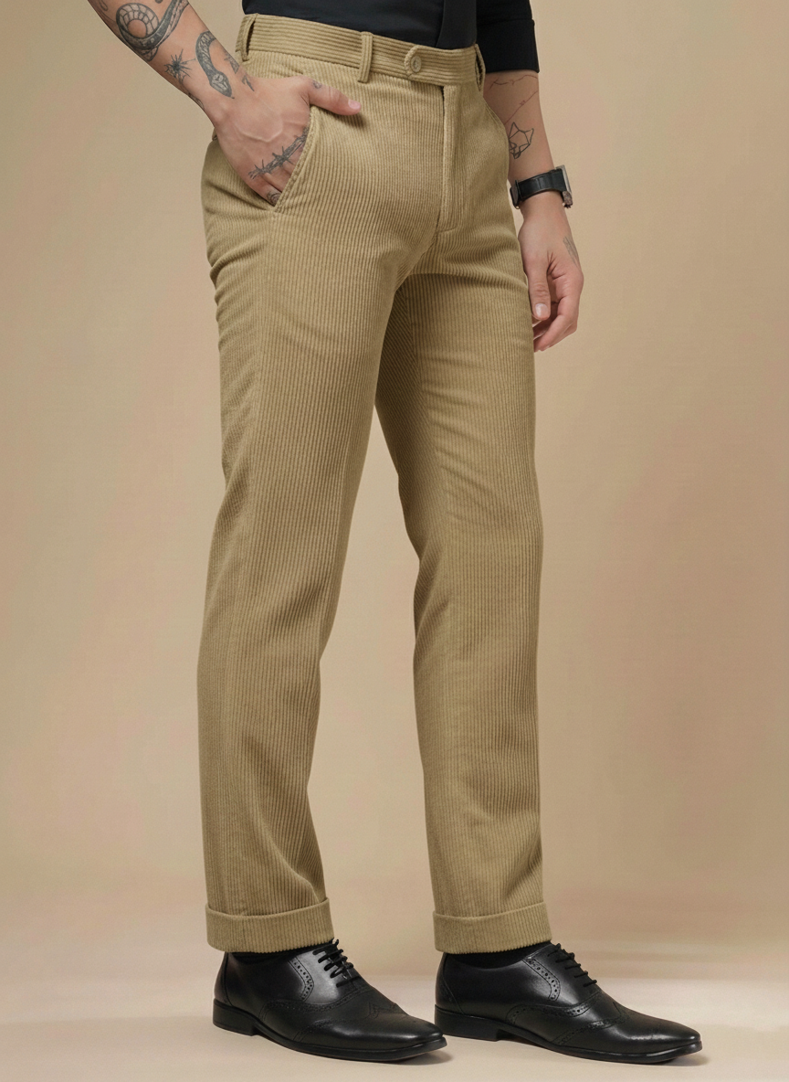 Khakhi Corduroy Men Pleated Formal Pants | Boot Cut Fit by ITALIAN VEGA®