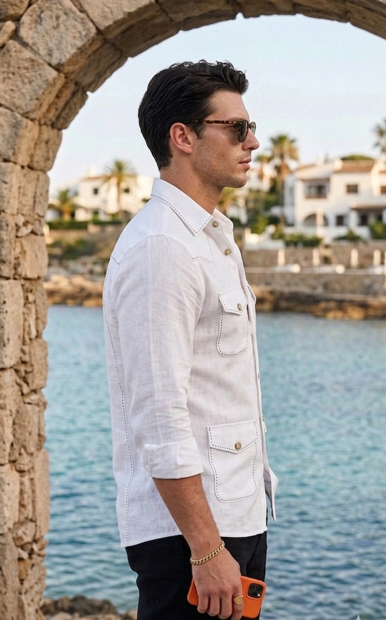 White Safari Shirt – Pick Stitched with Multi Pockets by Italian Vega®