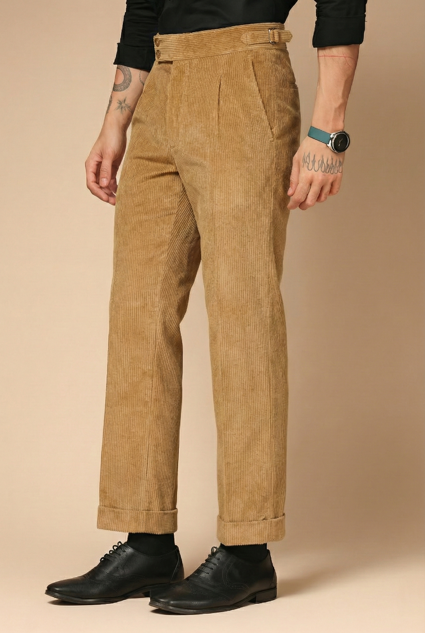 Khakhi Corduroy Signature Buttoned Gurkha Pants | Boot Cut Fit by ITALIAN VEGA®