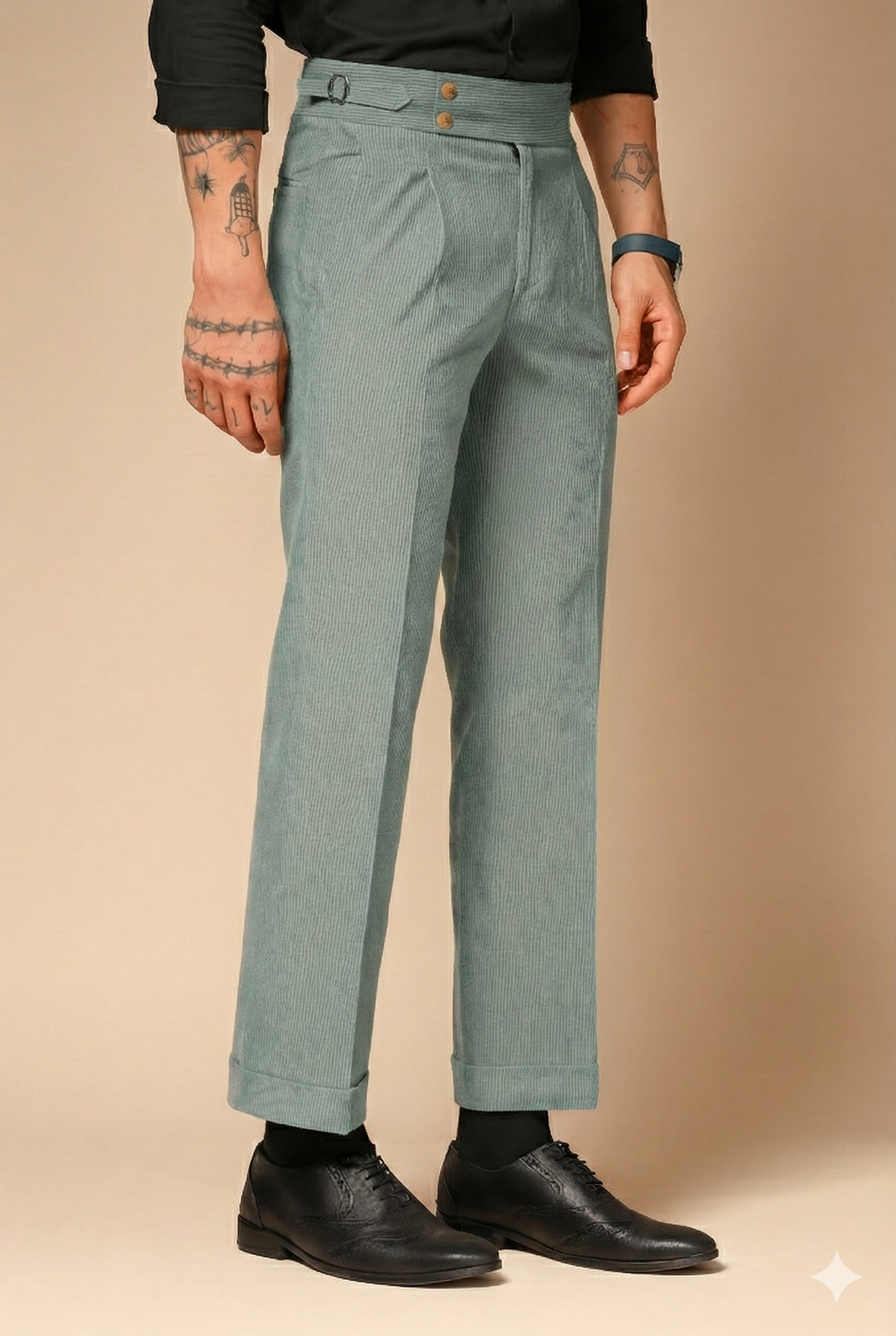 Greyish Cyan Corduroy Signature Buttoned Gurkha Pants | Boot Cut Fit by ITALIAN VEGA®