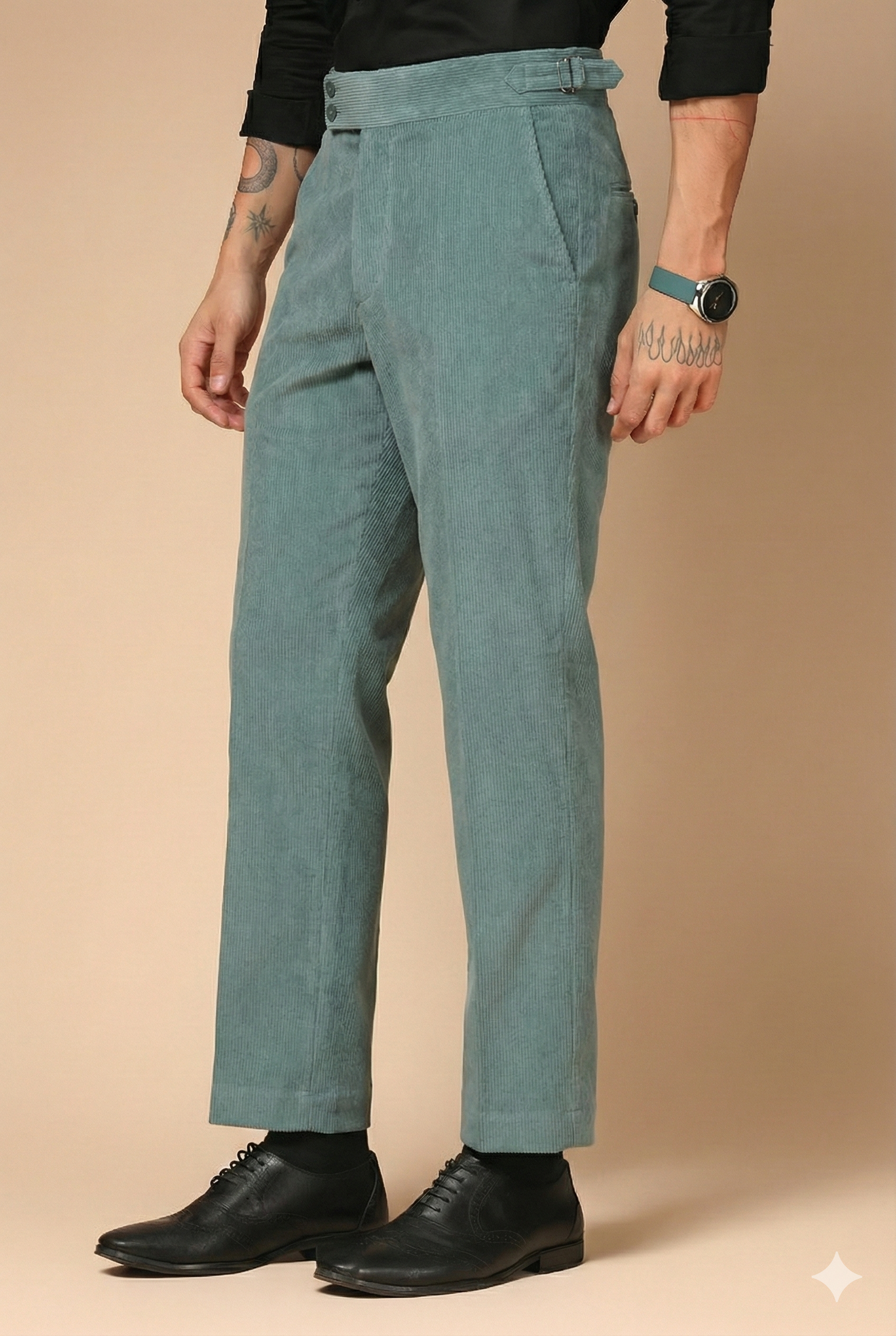 Greyish Cyan Corduroy Signature Buttoned Gurkha Pants | Boot Cut Fit by ITALIAN VEGA®