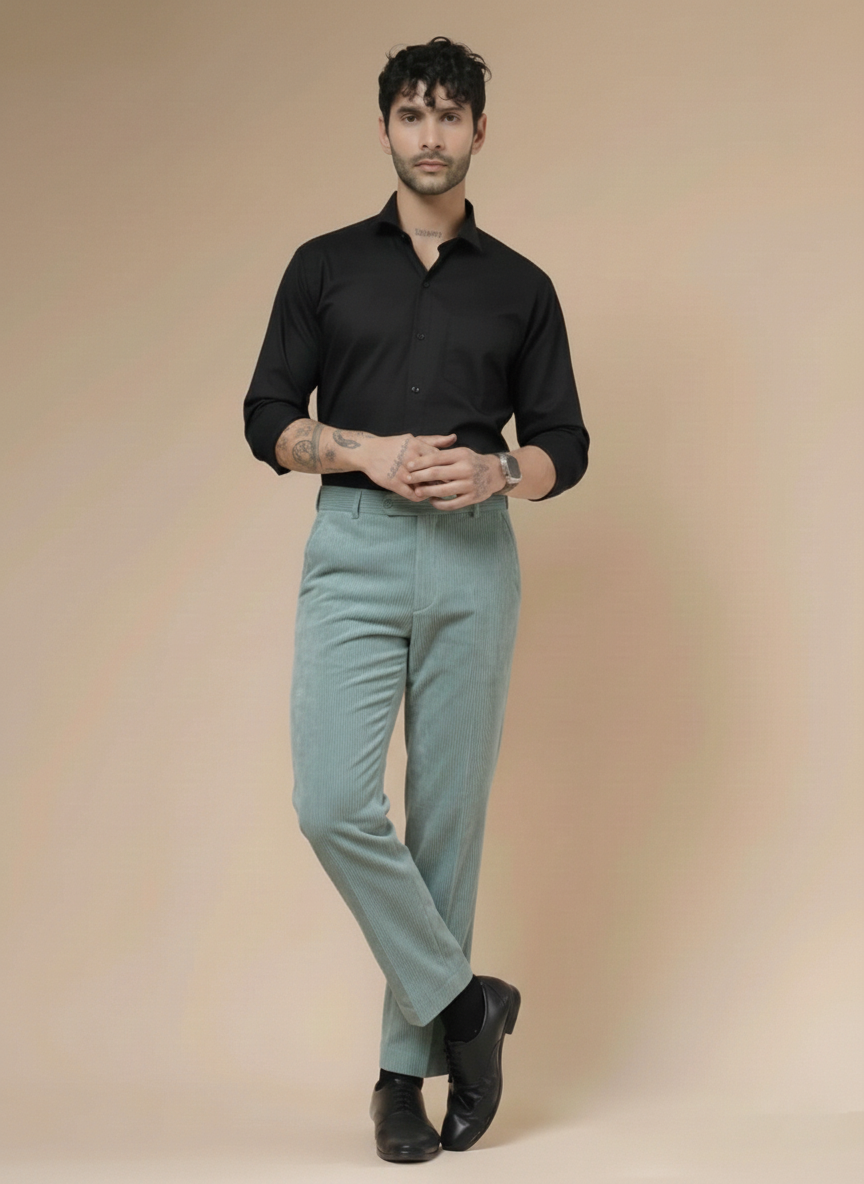 Sage Green Corduroy Men Pleated Formal Pants | Boot Cut Fit by ITALIAN VEGA®