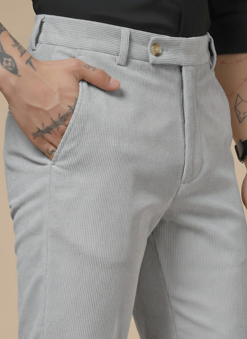 Light Grey Corduroy Men Pleated Formal Pants | Boot Cut Fit by ITALIAN VEGA®