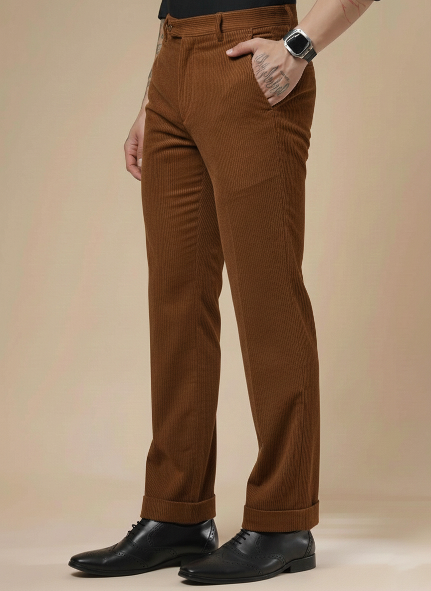 Brown Corduroy Men Pleated Formal Pants | Boot Cut Fit by ITALIAN VEGA®