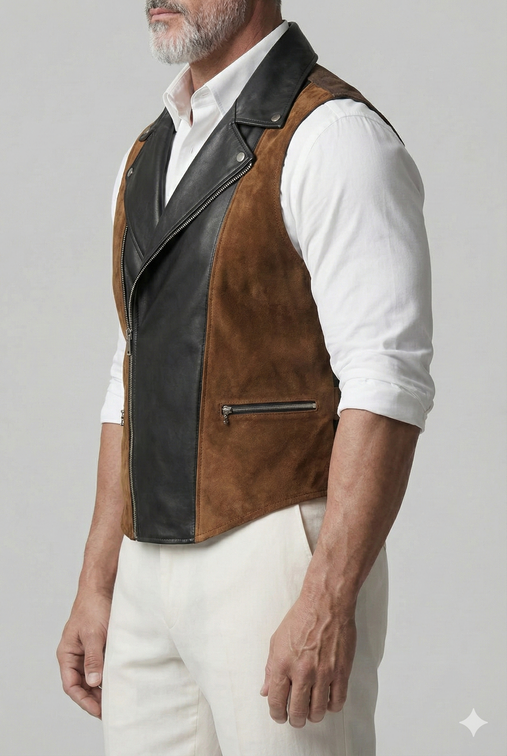 Man wearing a brown leather vest with black accents on a gray background