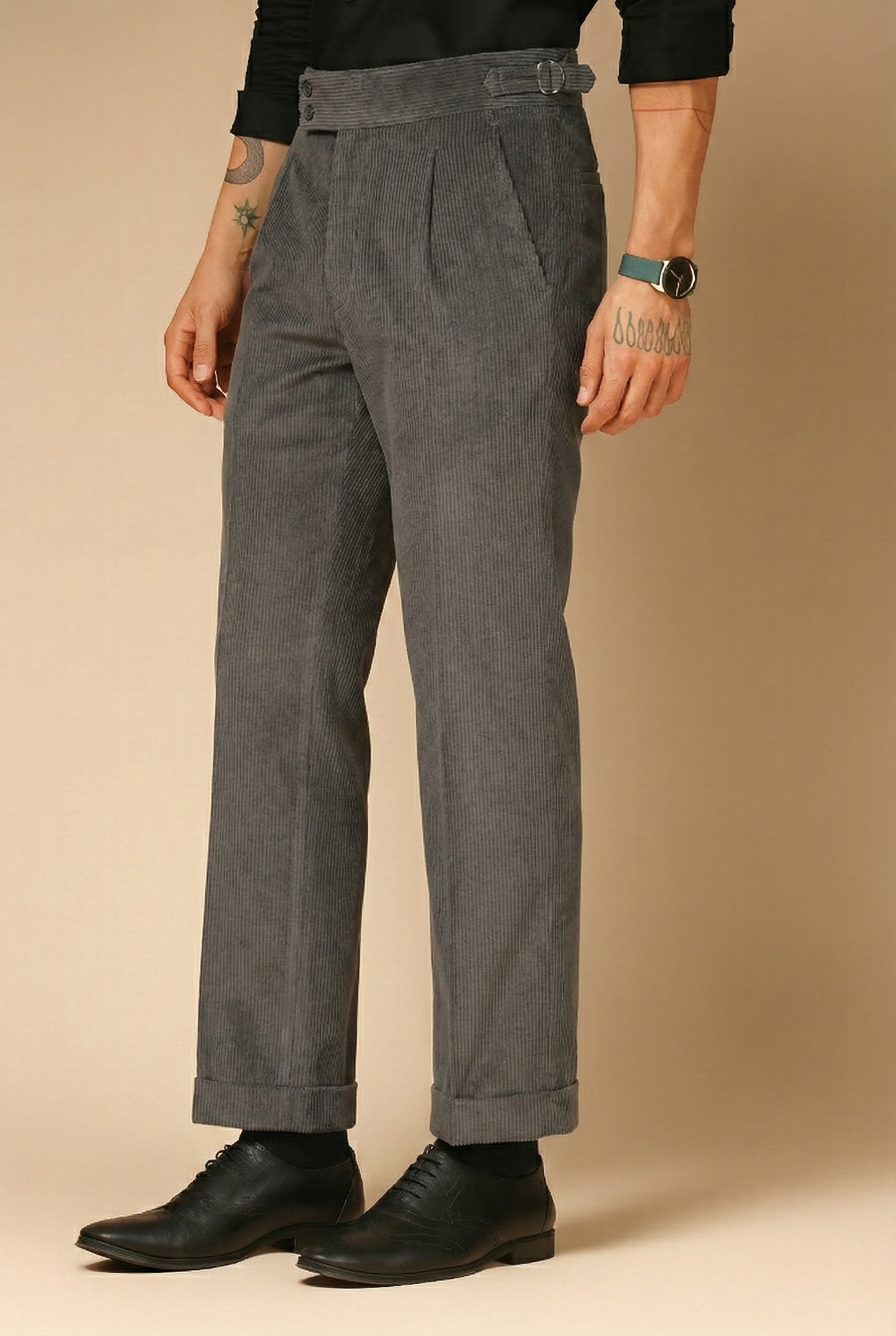 Dark Grey Corduroy Signature Buttoned Gurkha Pants | Boot Cut Fit by ITALIAN VEGA®