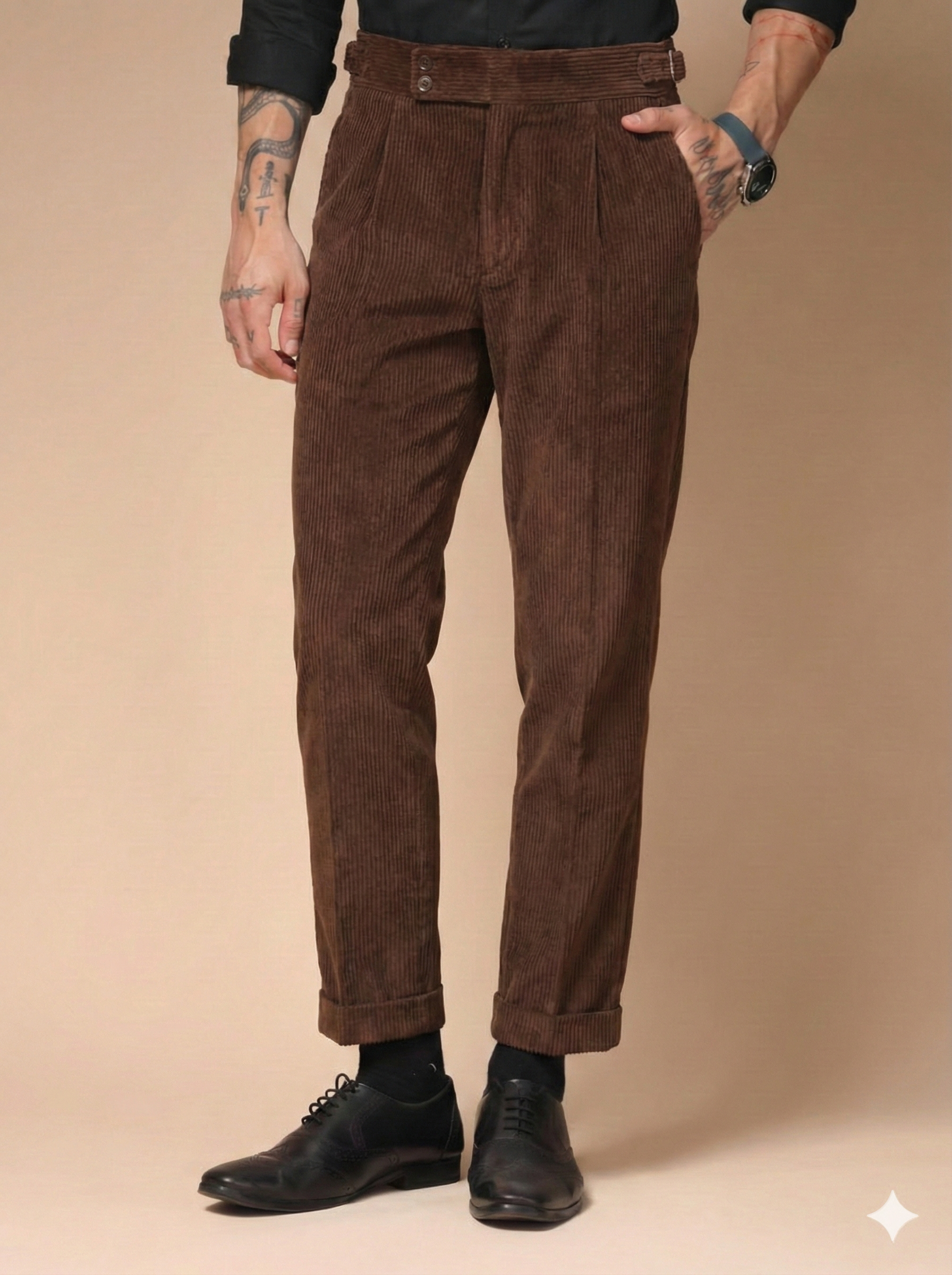 Brown Corduroy Signature Buttoned Gurkha Pants | Boot Cut Fit by ITALIAN VEGA®