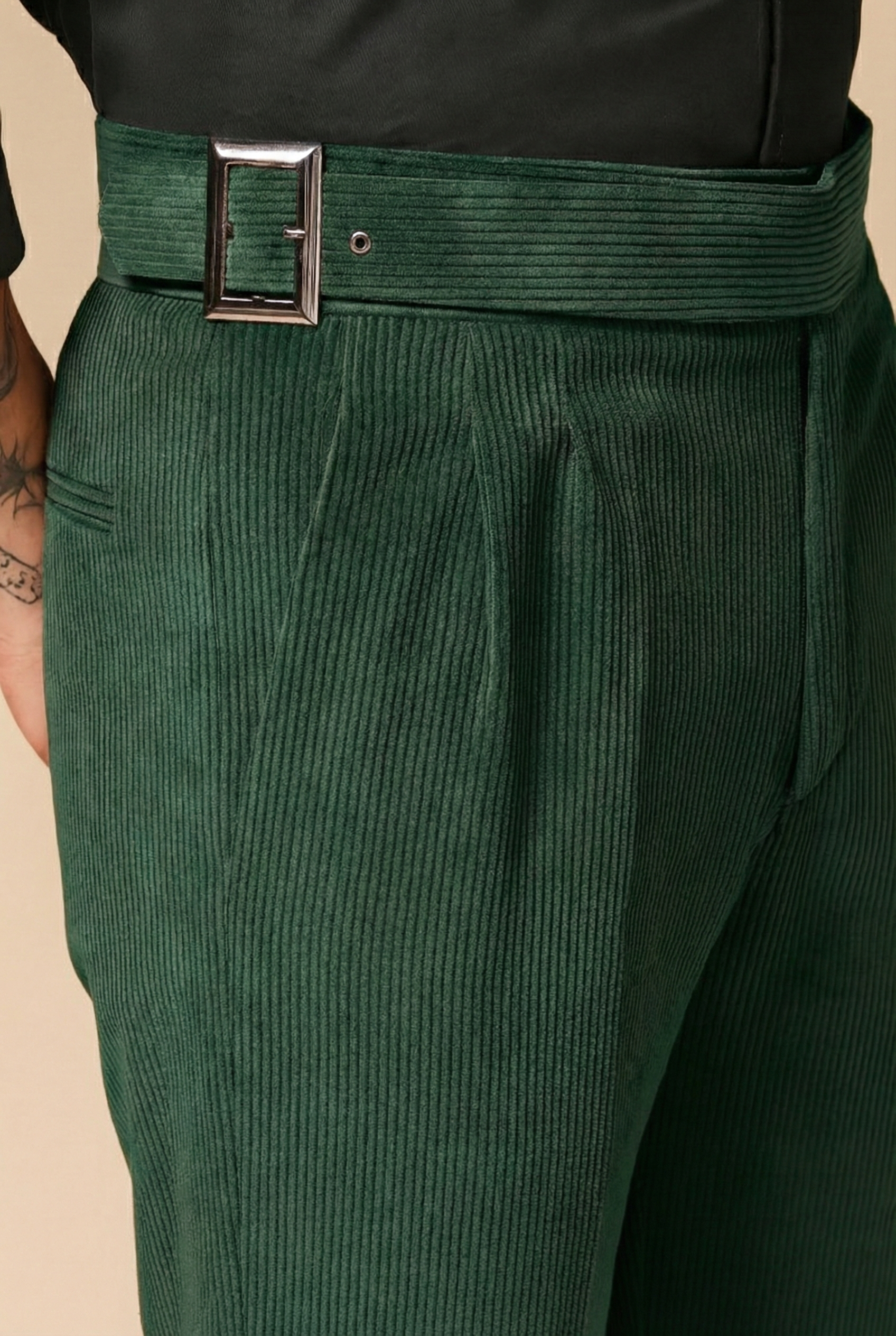 Bottle Green Corduroy Classic Buckle Gurkha Pants | Boot Cut Fit by ITALIAN VEGA®