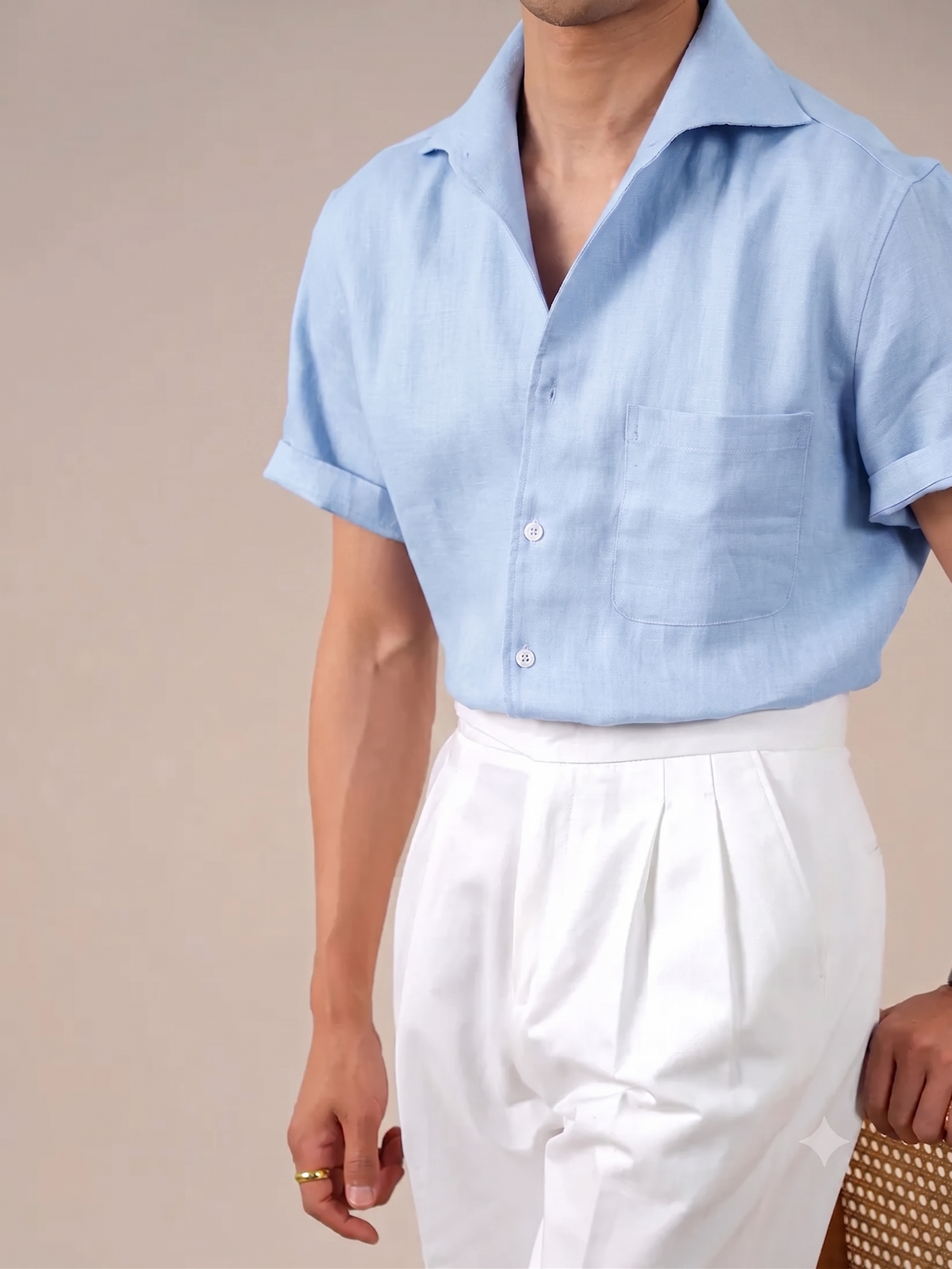 Italian Vega Crumpled Linen - Cut Away Collar Half Sleeve Linen Shirt - 007