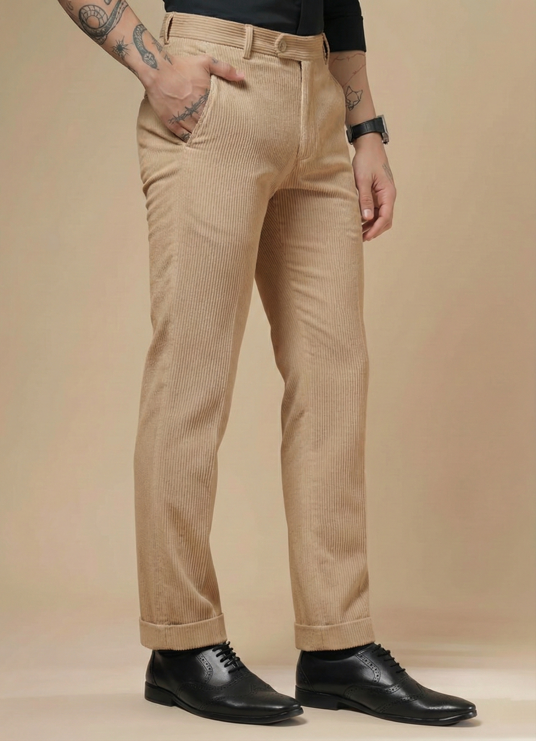 Beige Corduroy Men Pleated Formal Pants | Boot Cut Fit by ITALIAN VEGA®