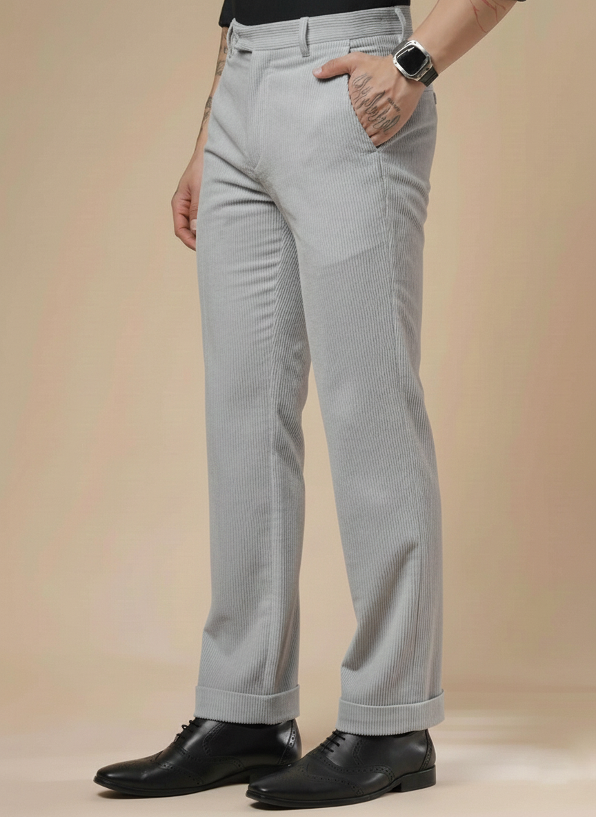 Light Grey Corduroy Men Pleated Formal Pants | Boot Cut Fit by ITALIAN VEGA®